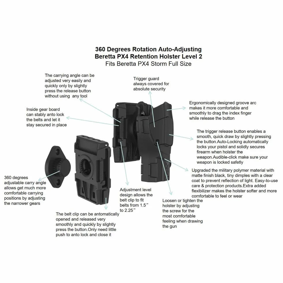 Custodia Beretta PX4 Storm OWB Rotazione 360° Blocco Automatico Ritenzione Livello 2 Mano Destra Tattica Caccia Esterno