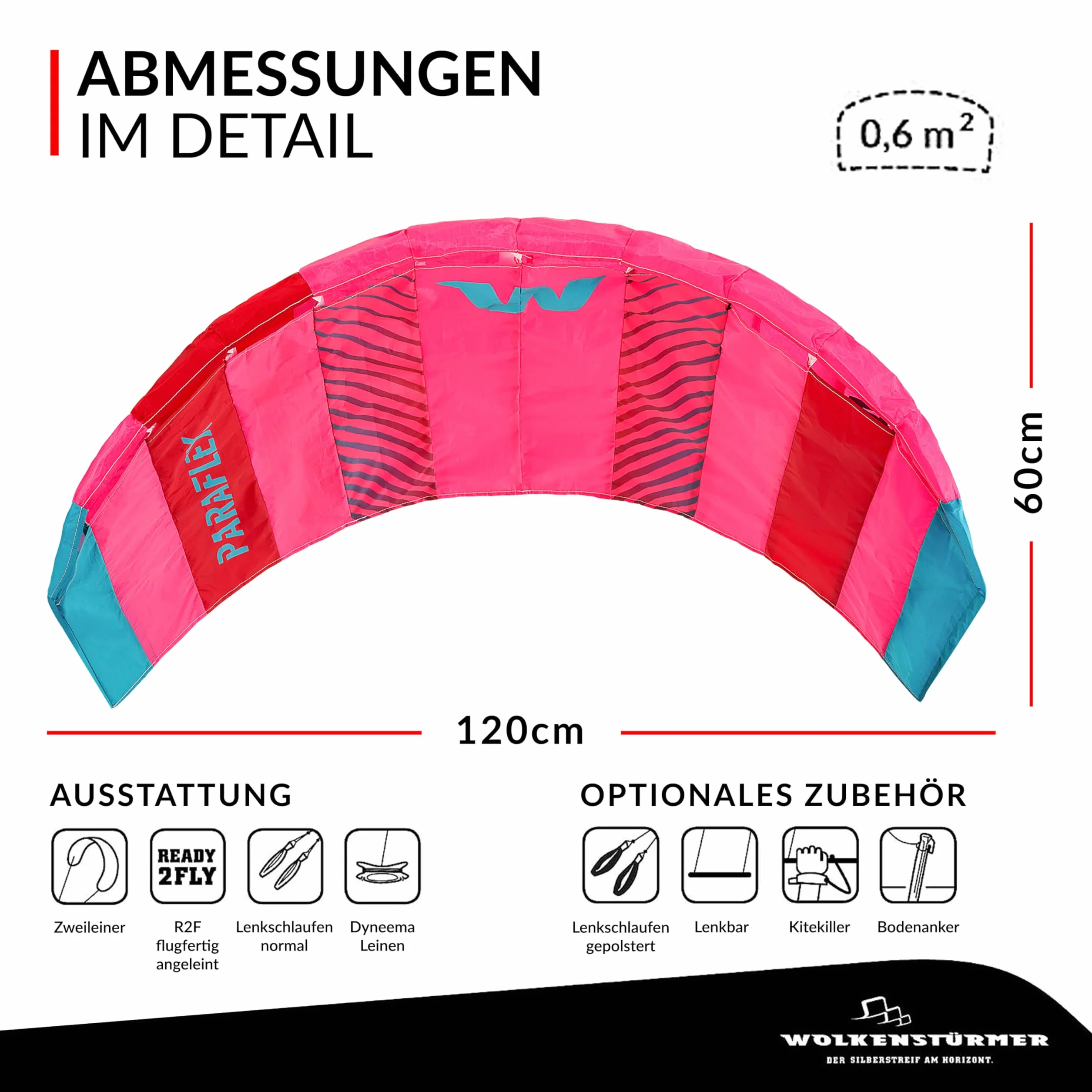 Wolkenstürmer Paraflex Basic 1.2 Aquilone pilotabile poliestere Ripstop 70D 120 cm 2 righe 45 kg