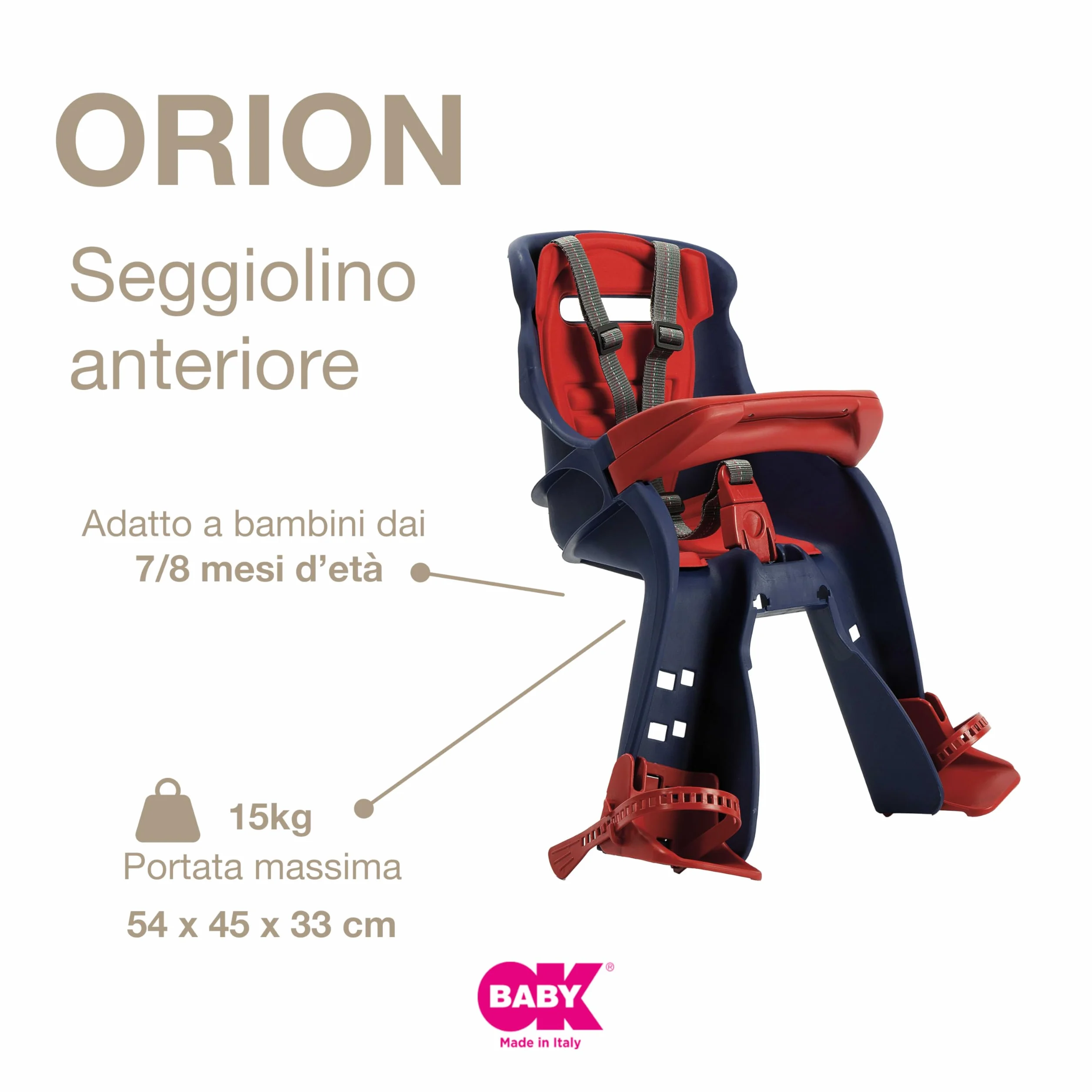 OKBABY Orion Seggiolino Anteriore per Bambini Sicurezza Bicicletta 15 kg Compatibile Elettriche Blu Rosso 54x45x33 cm