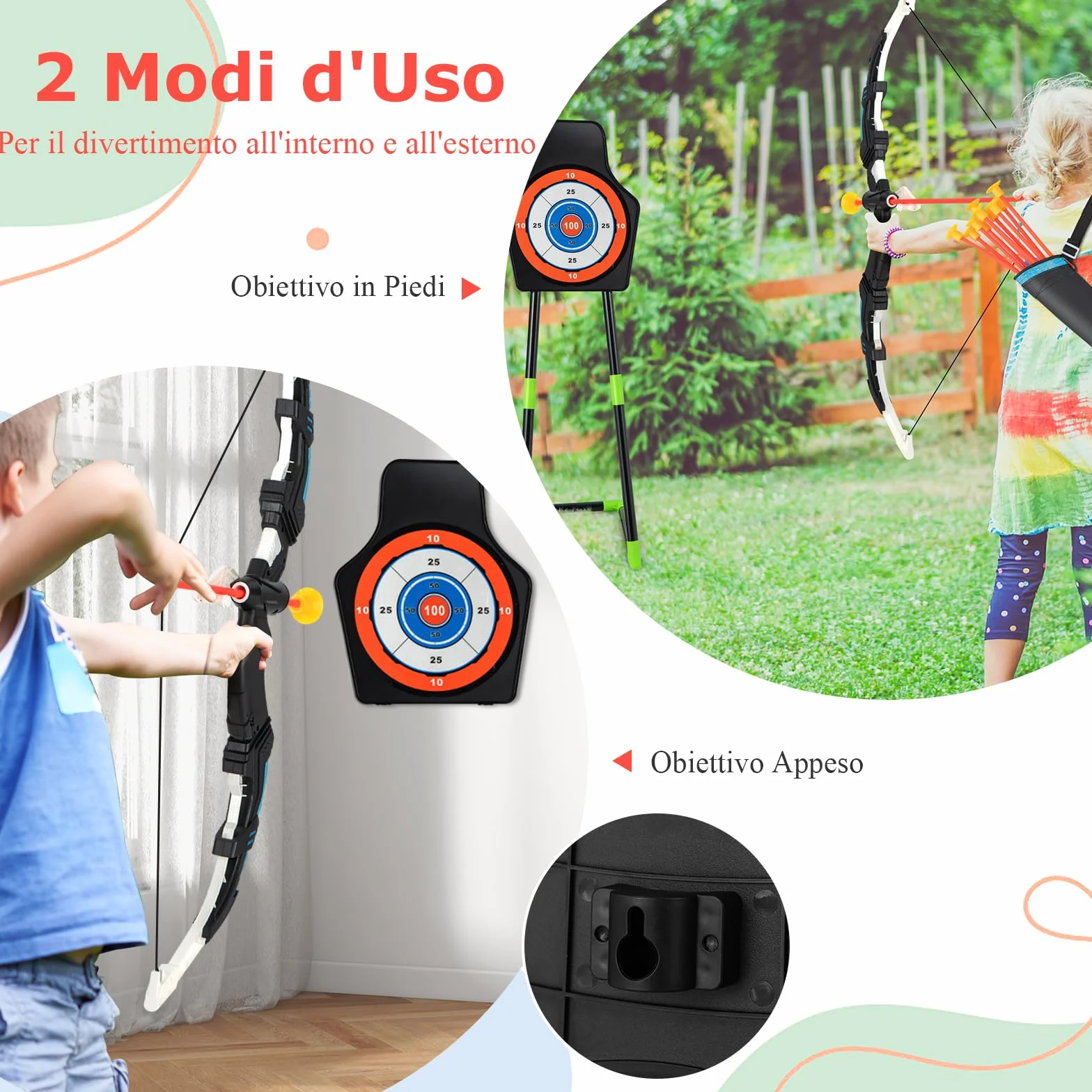 GYMAX Set di 2 Archi e Frecce a LED per Bambini con 20 Frecce a Ventosa, 2 Faretre e Bersaglio