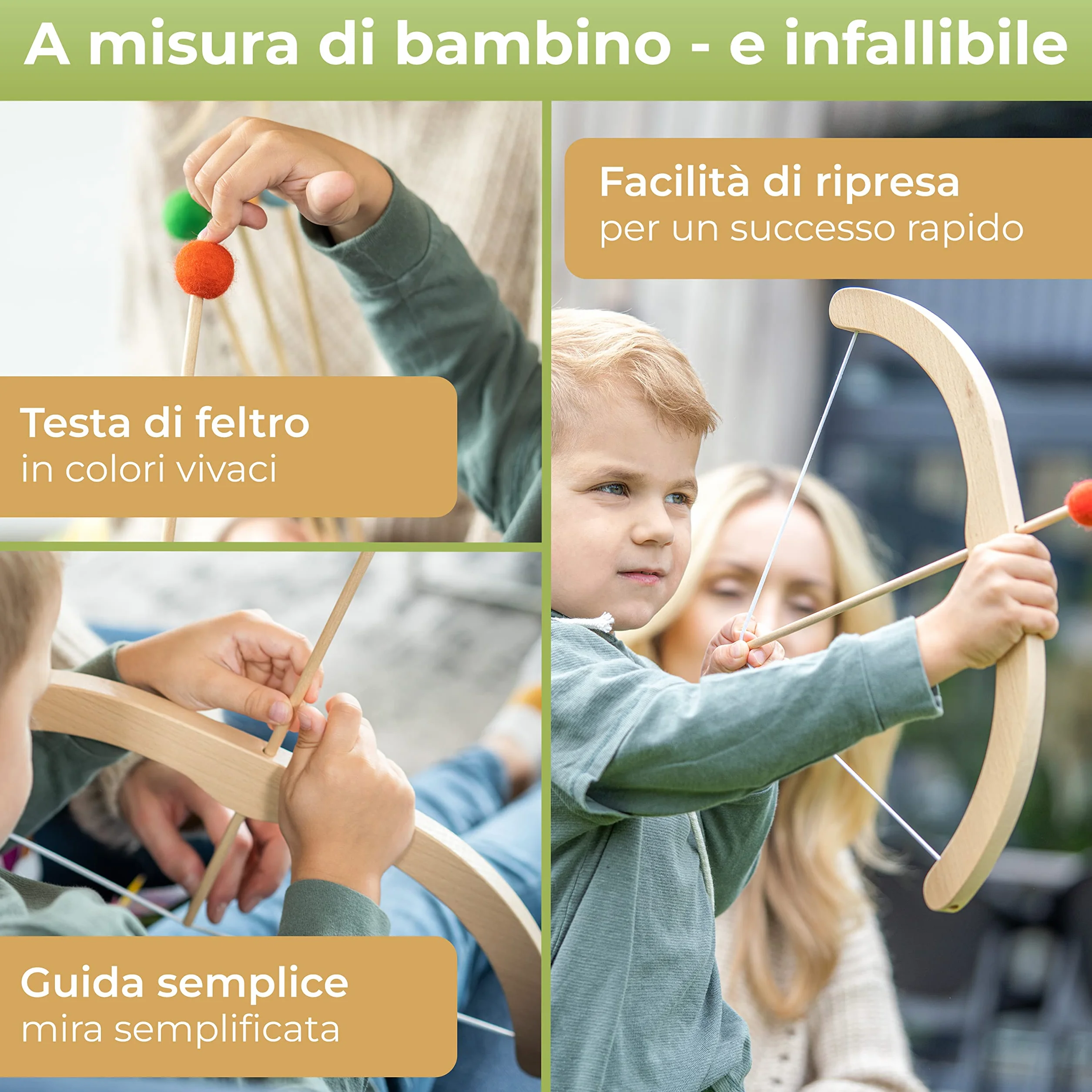 BOWRILLA® Arco e frecce per bambini in legno con 5 frecce, 4 bersagli e porta frecce