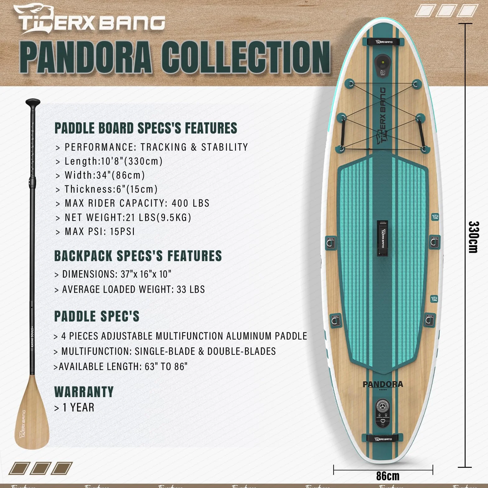 TIGERXBANG SUP Gonfiabile Adulti, tavola da paddle board da 330cm con accessori premium completi per SUP gonfiabile, paddleboard extra larghe per adulti e bambini - Collezione Pandora