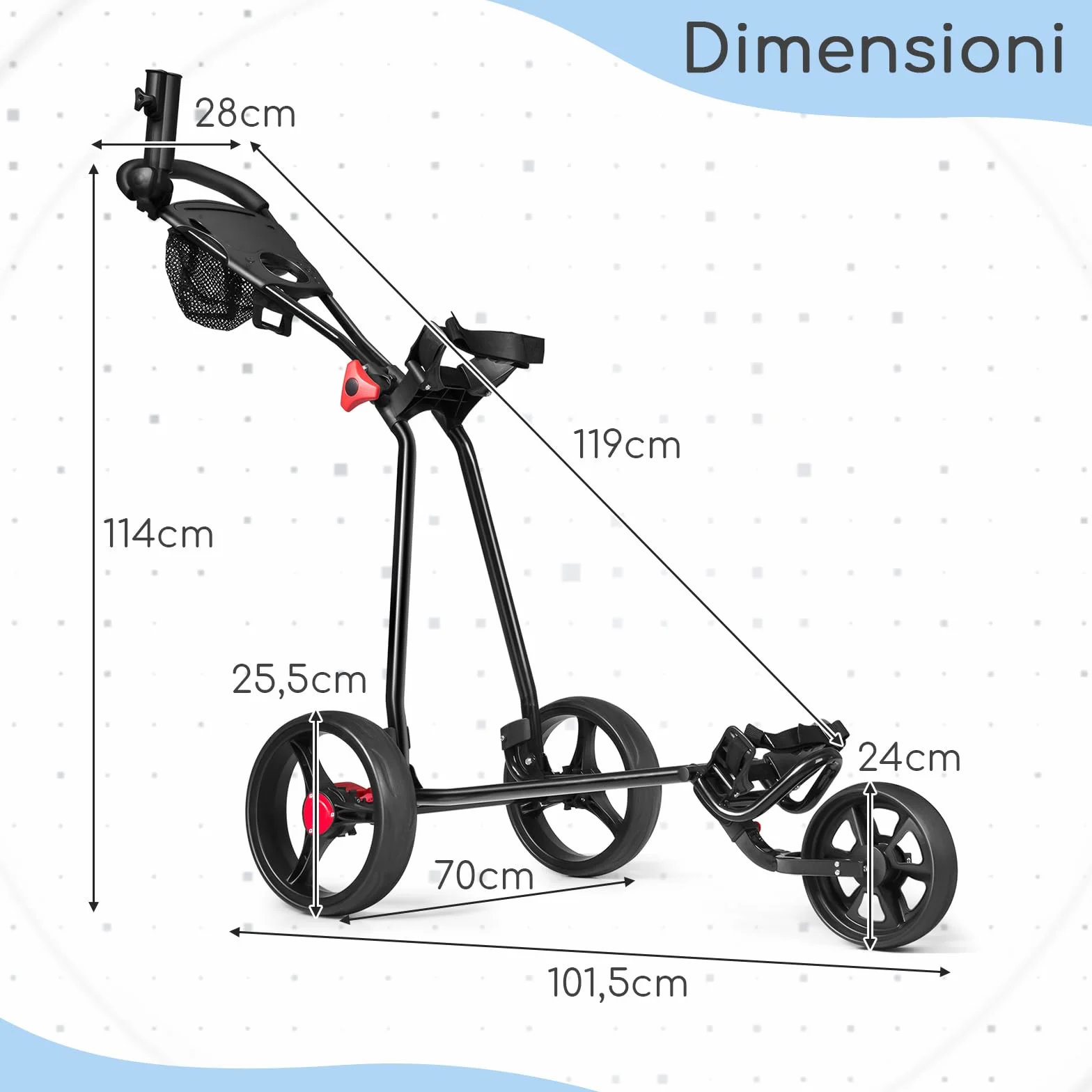 COSTWAY Carrello da Golf Pieghevole a 3 Ruote, Ferro, Maniglia Regolabile TPR, Freno a Pedale