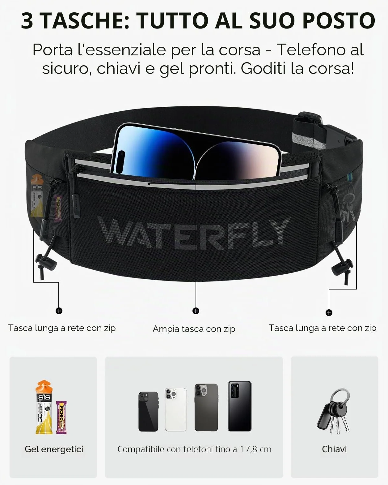 WATERFLY Marsupio Running Cintura da Corsa con Chiusura a clip per Cellulare 3 Tasche Jogging Sportivo