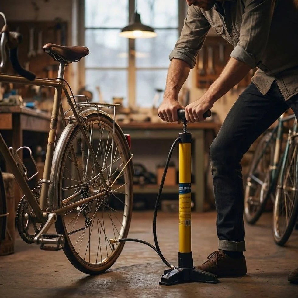 Pompa da Bici a Pavimento 3 Piedi con Raccordo in Ottone | Pompa Officina Tubolare in Metallo