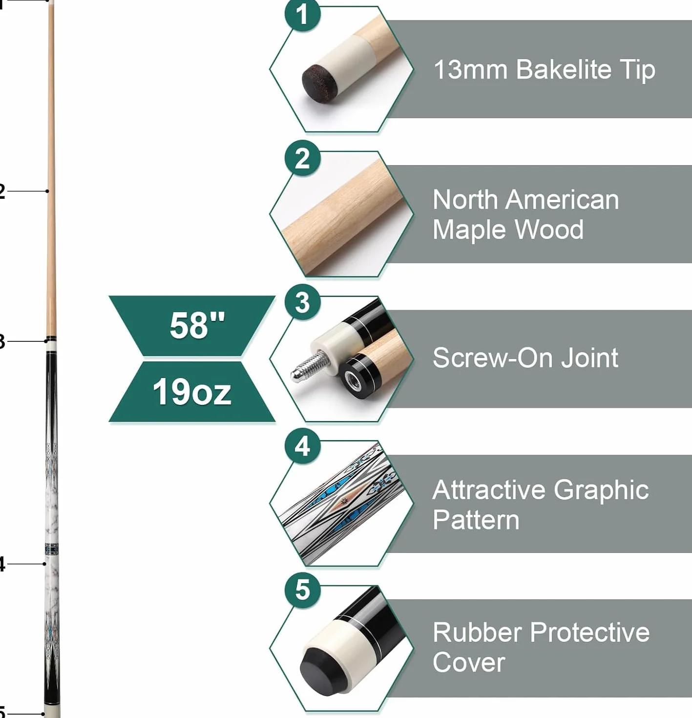 Stecca da Biliardo 58 Pollici Hardwood Pool Cue 13 mm Punte per Professionisti