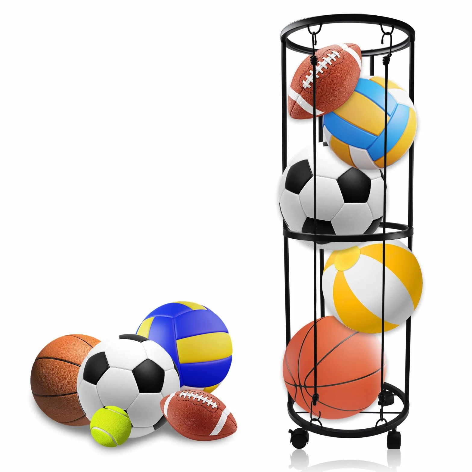 Rastrelliera da Basket Porta Palloni da Calcio con Ruote Acciaio Stoccaggio Attrezzature Sportive per Garage