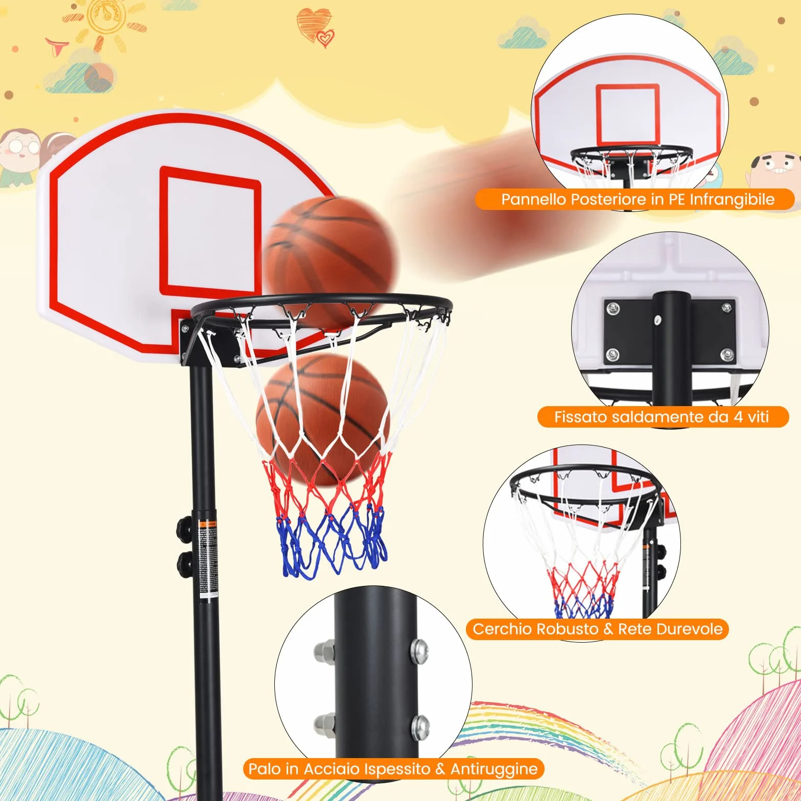 COSTWAY Canestro da Basket Regolabile 178-208 cm per Bambini con Ruote e Base Riempibile