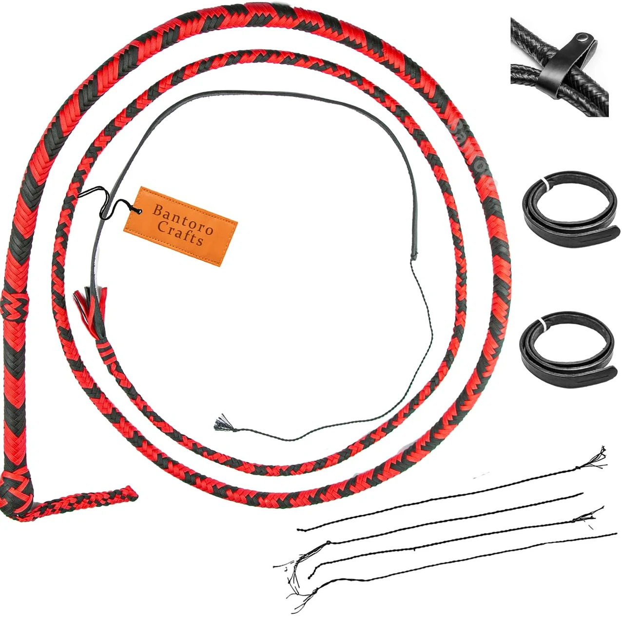 Bullwhip in Nylon/Paracord Intrecciato Rosso e Nero con 16 intrecci Belly Whip e Supporto Interno Frusta Hard-Cracking Indiana Jones