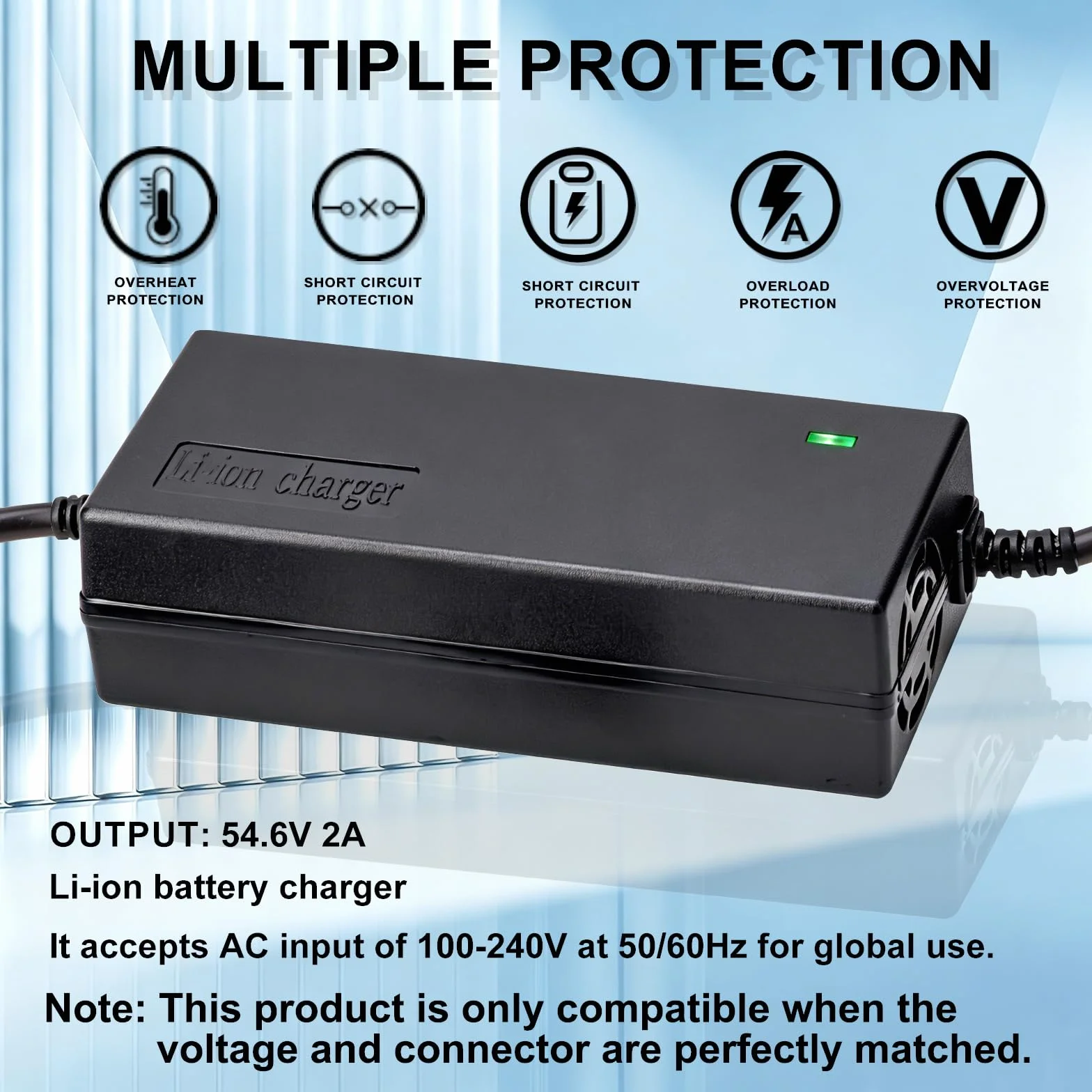 Caricabatterie 54.6V 2A per bici elettrica e scooter, compatibile con batterie al litio 48V 13S