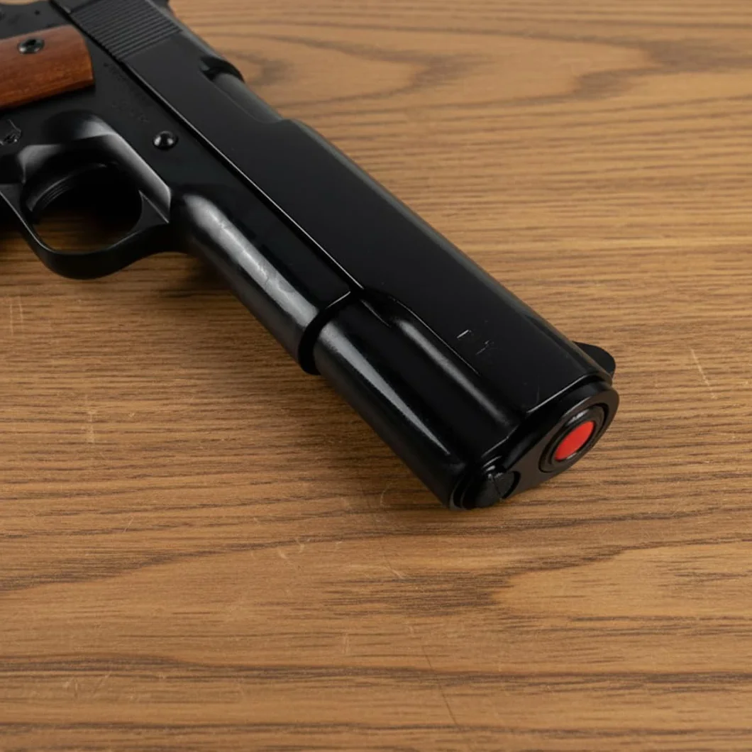 Pistola a Salve Mod. 1911 Top Firing 9 mm, Segnalatore Acustico Scacciacani, Nera e legno - Kit con Olio Ballistol