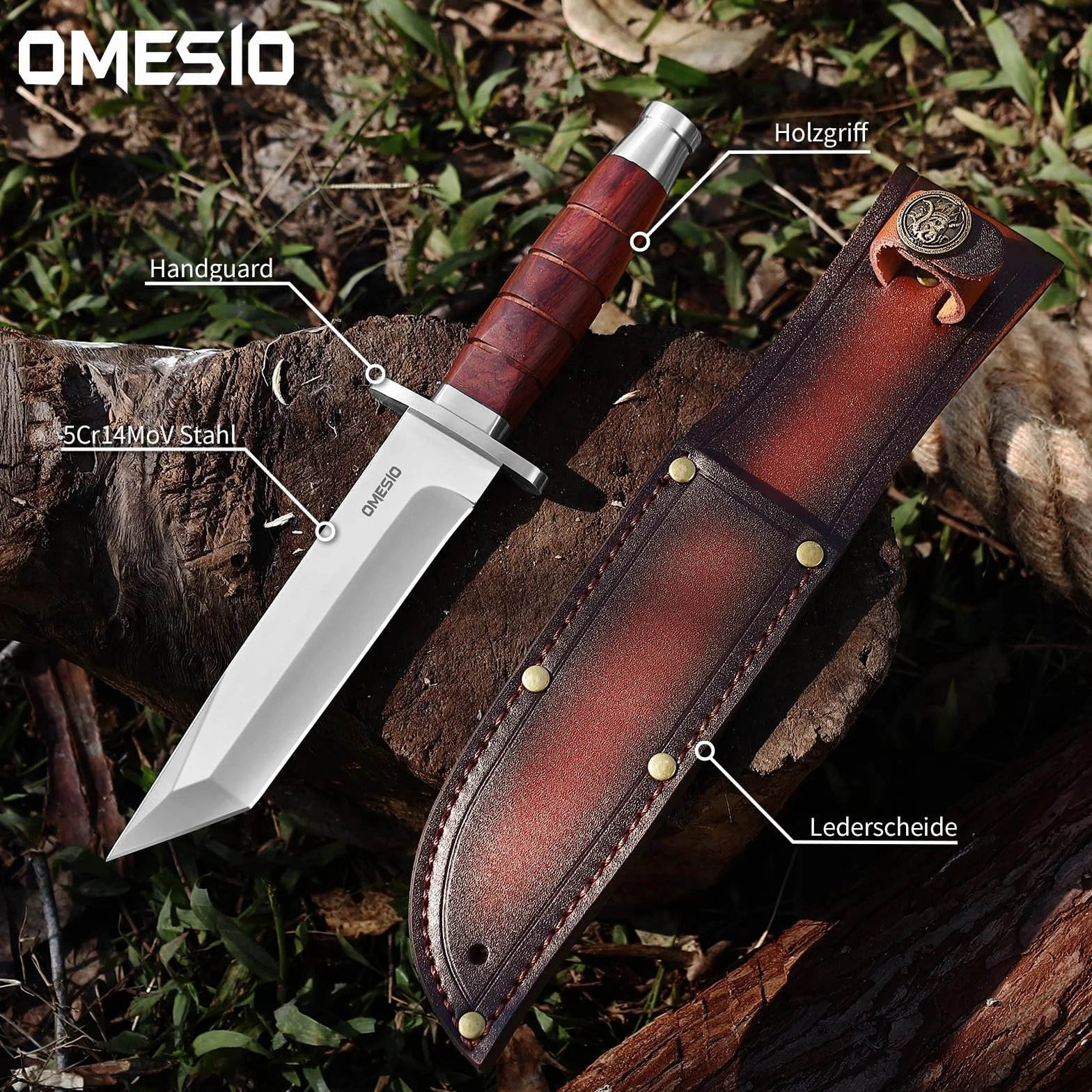 Omesio Coltello Da Caccia Outdoor, Lama Fissa — Include Fodero in Pelle, Realizzato Acciaio 5cr14mov — Manico Interamente in Legno — Adatto Per Il Campeggio e La Sopravvivenza Nella Natura Selvaggia