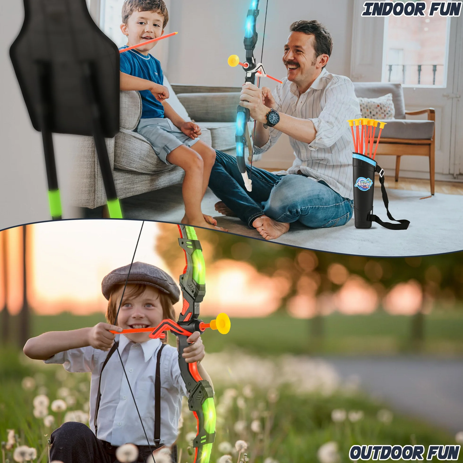 Set di Tiro con l'Arco a LED per Bambini con Bersaglio e 20 Frecce, Giocattolo Esterno Regalo 3-8 Anni