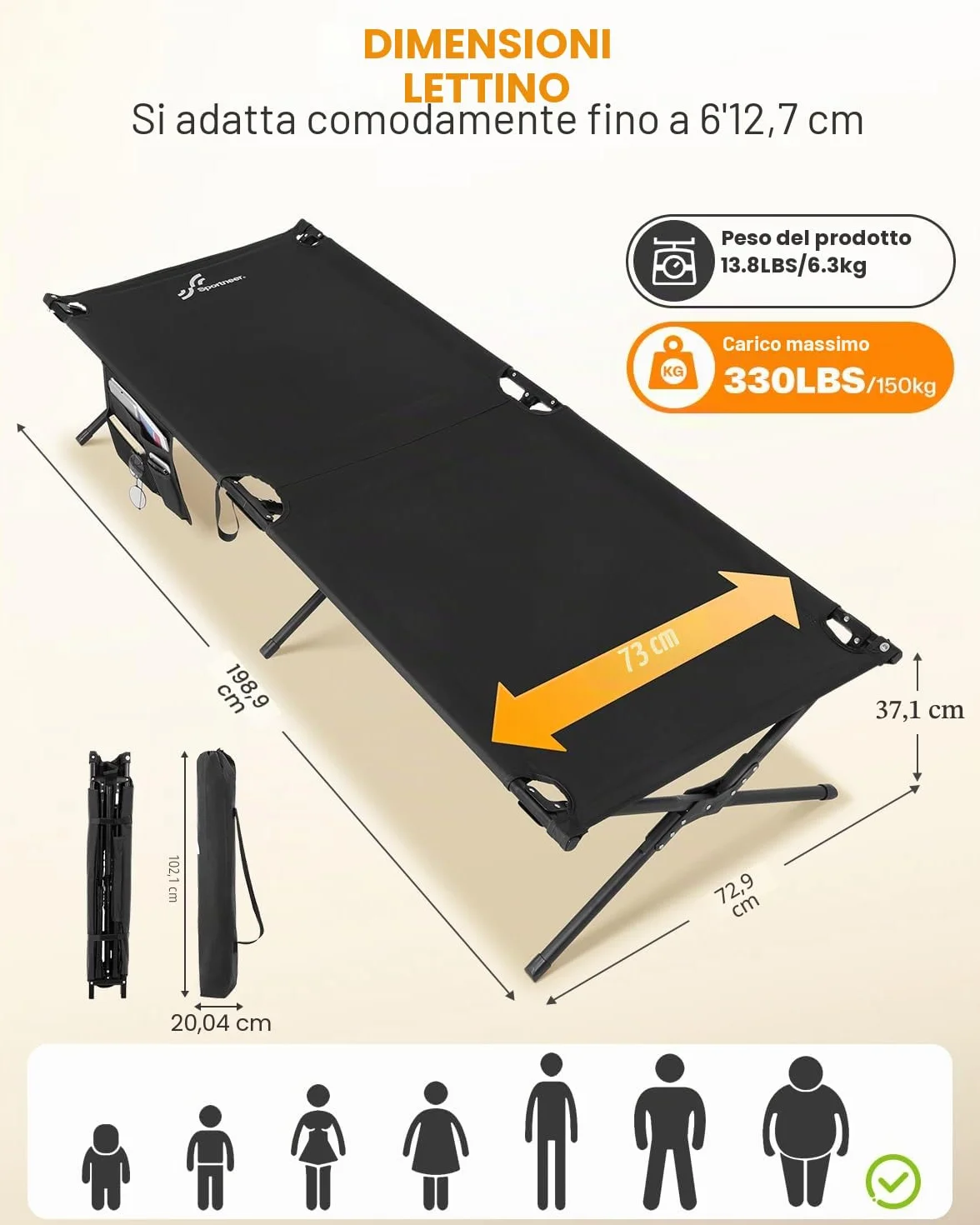 Sportneer Lettino da campeggio pieghevole portatile 198,9 x 72,9 x 37,1 cm per adulti
