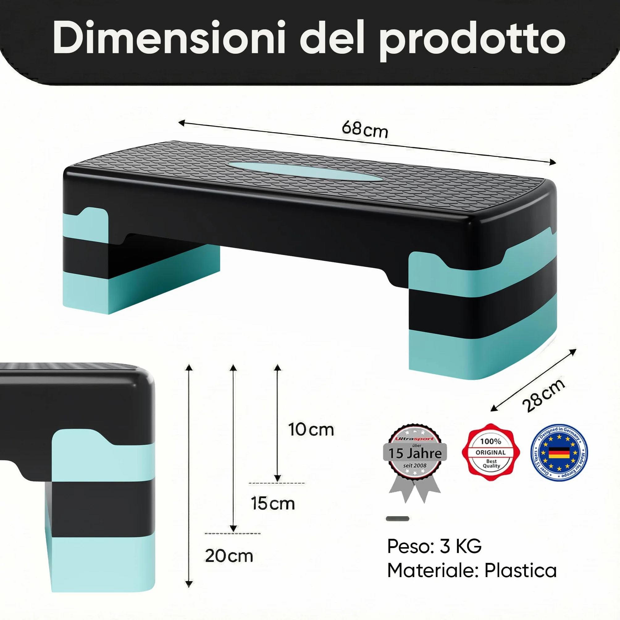 Ultrasport Step Fitness Aerobica Stepper Casa Antiscivolo Regolabile 3 Altezze Stepboard 68x28 cm Blu