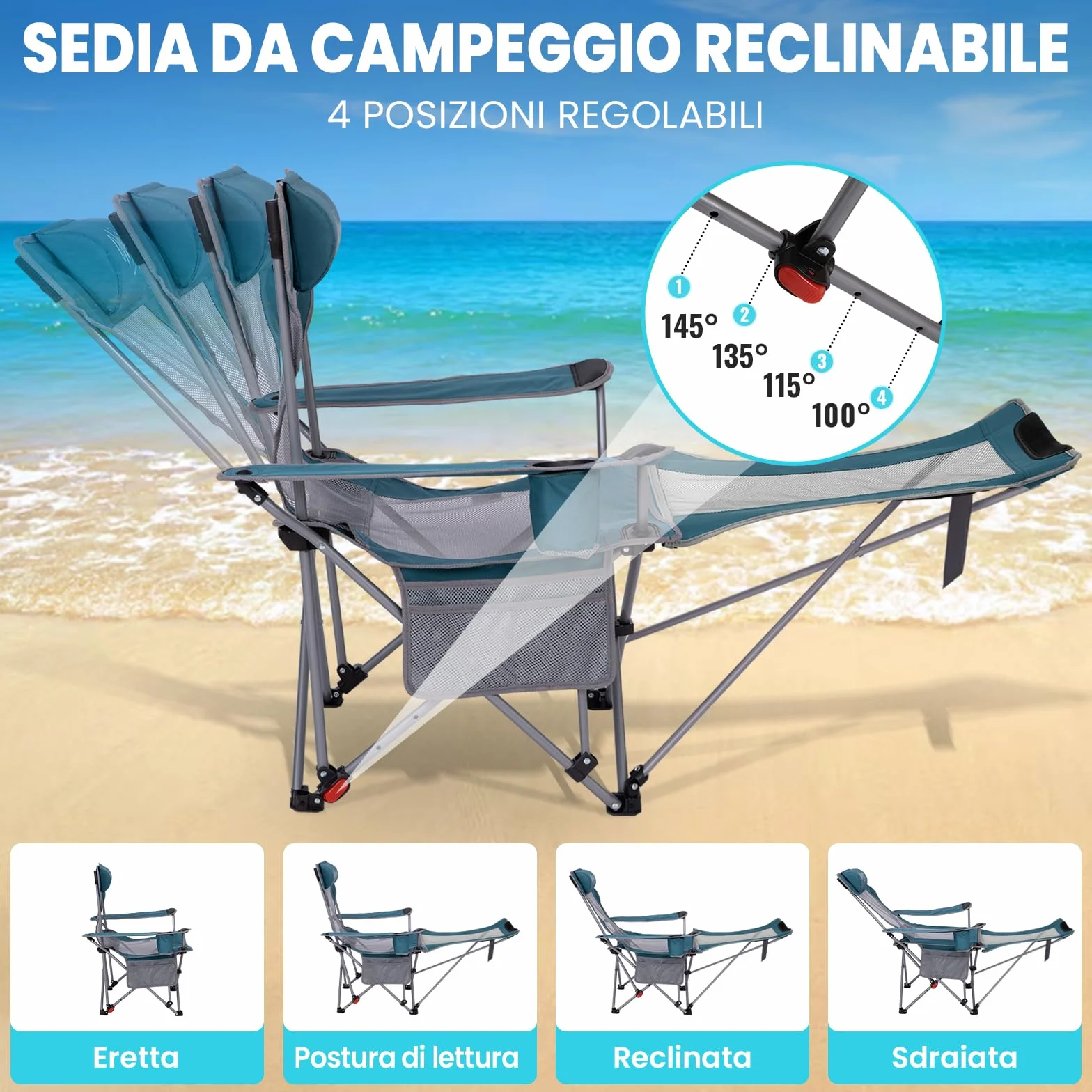 #WEJOY Sedia da campeggio pieghevole 2 in 1, 180 kg, con poggiapiedi, sedia da spiaggia con schienale regolabile in 4 posizioni, sedia a sdraio, sedia a sdraio con supporto per bevande, sedia da