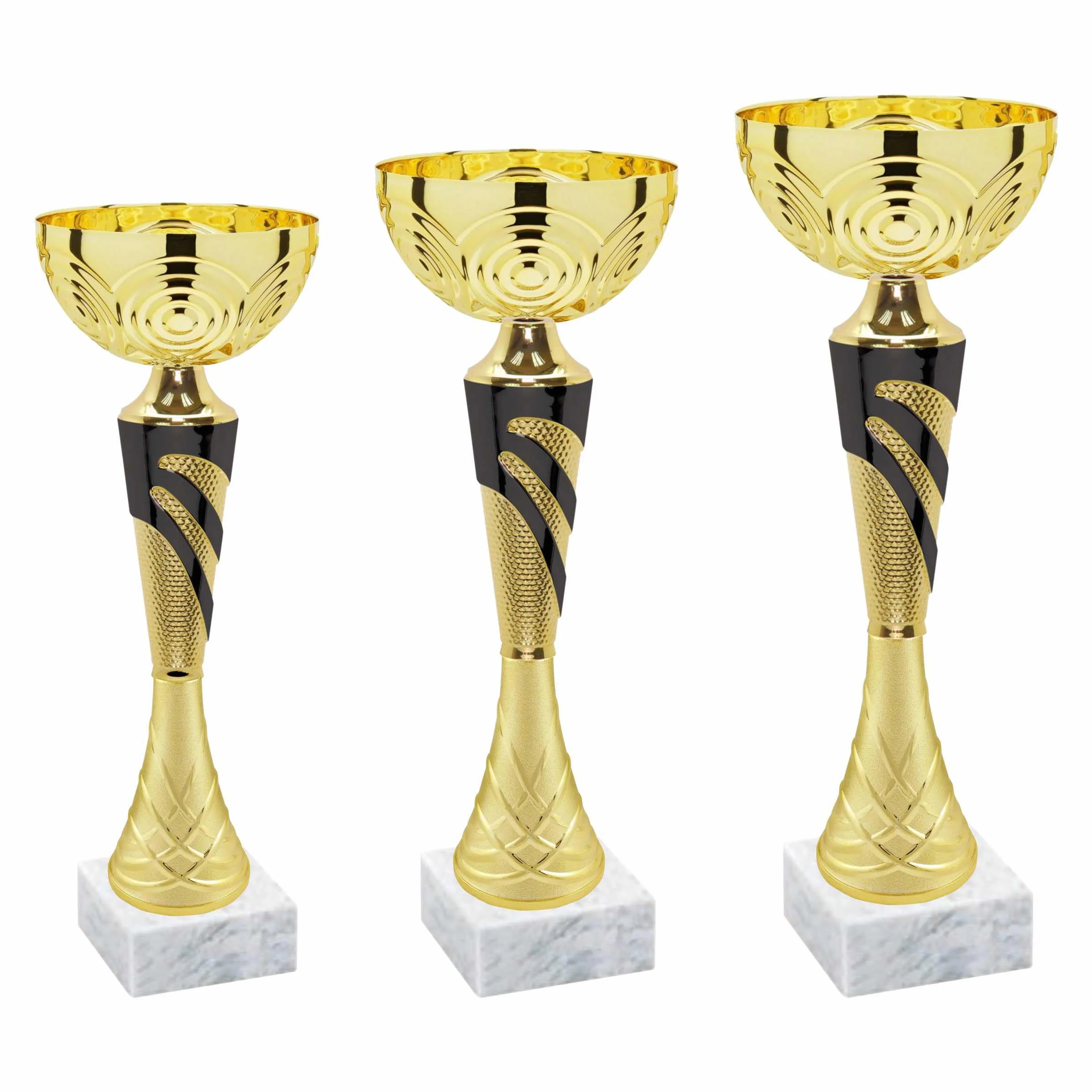 Tris Coppe Premio Trofei Sportivi 3 Coppe Oro/Nero ABS Base Marmo Personalizzabili