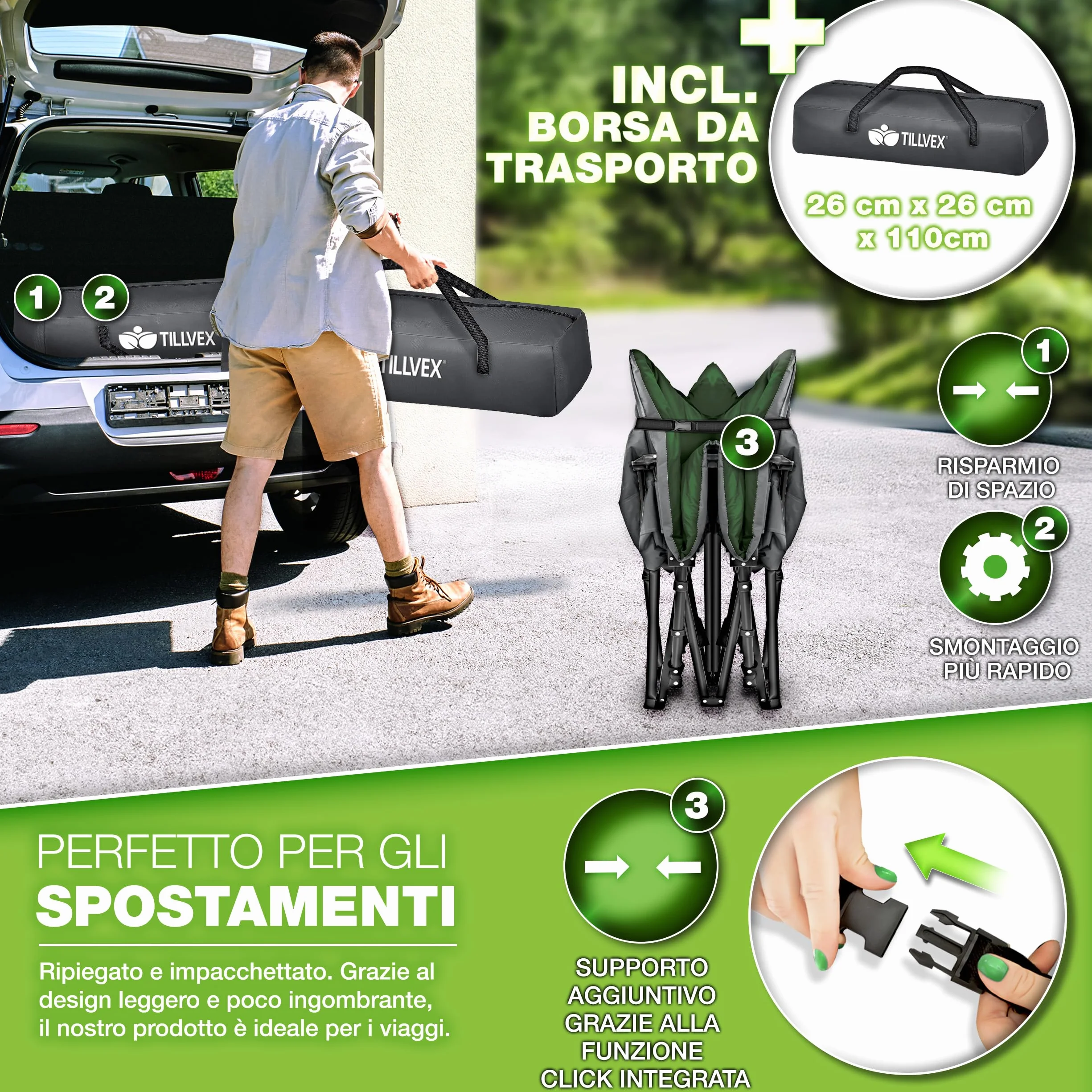 tillvex® Letto da campeggio pieghevole con borsa trasporto 200 kg extra largo
