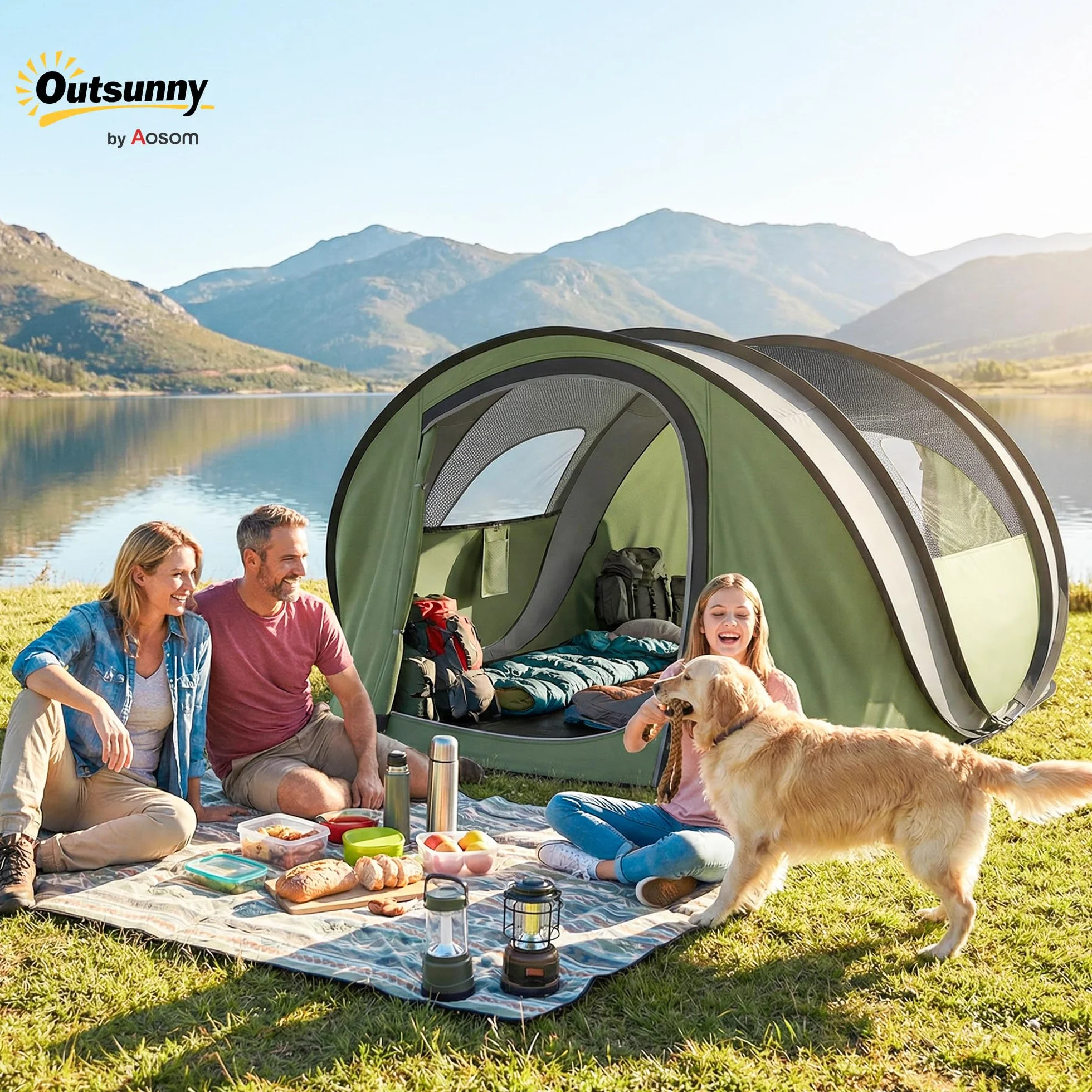 Outsunny Tenda da Campeggio Pop Up 4 Persone, Impermeabile 3000mm, con Borsa, Verde
