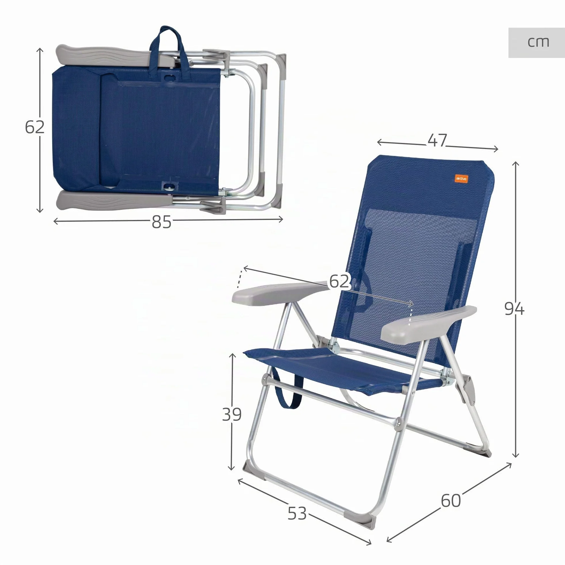 AKTIVE Sedia da spiaggia pieghevole reclinabile 6 posizioni blu navy 47x60x94cm alluminio 110 kg