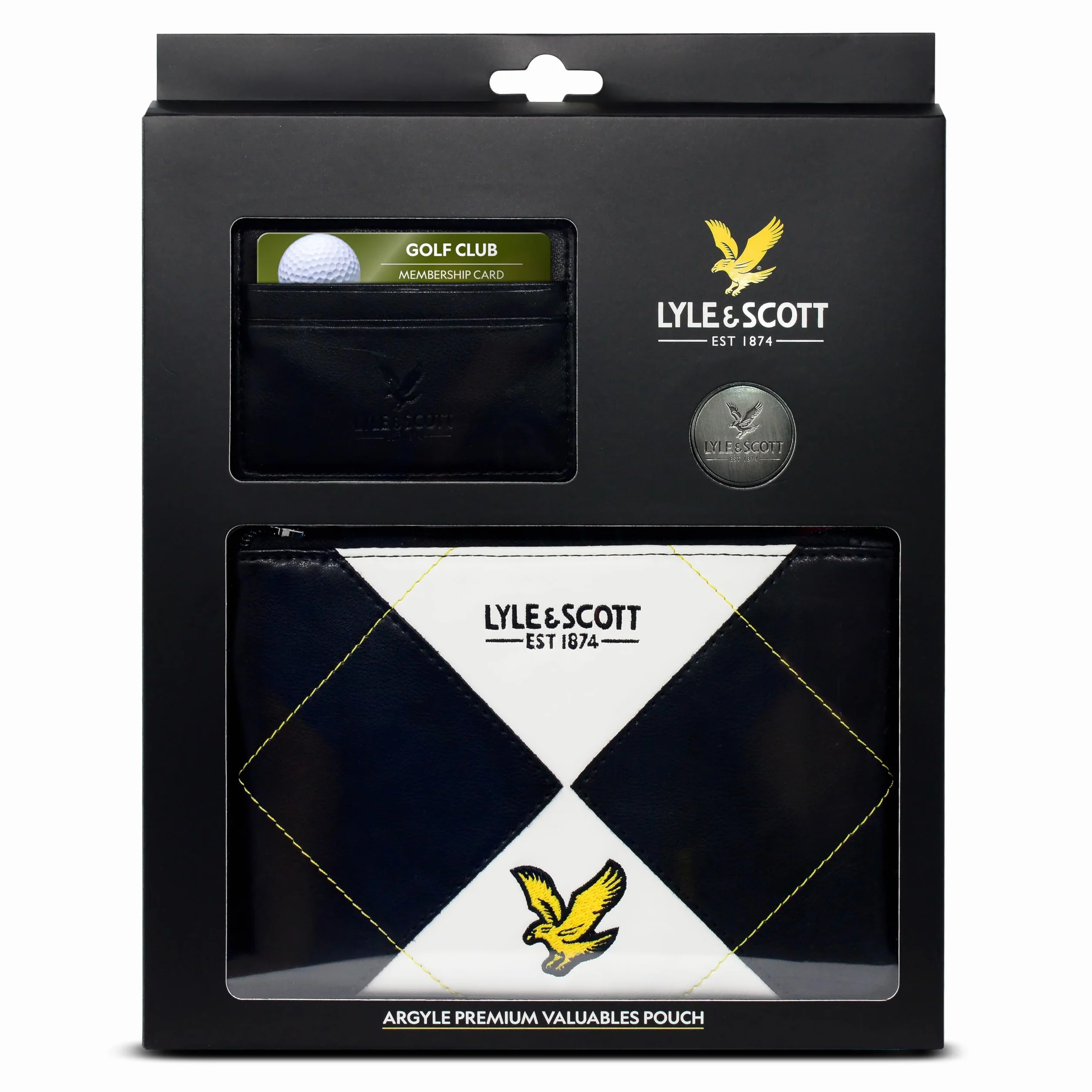 Lyle & Scott Argyle Premium Valuables Pouch - Portafoglio in pelle con cerniera per carte e marcatore palline da 32 mm