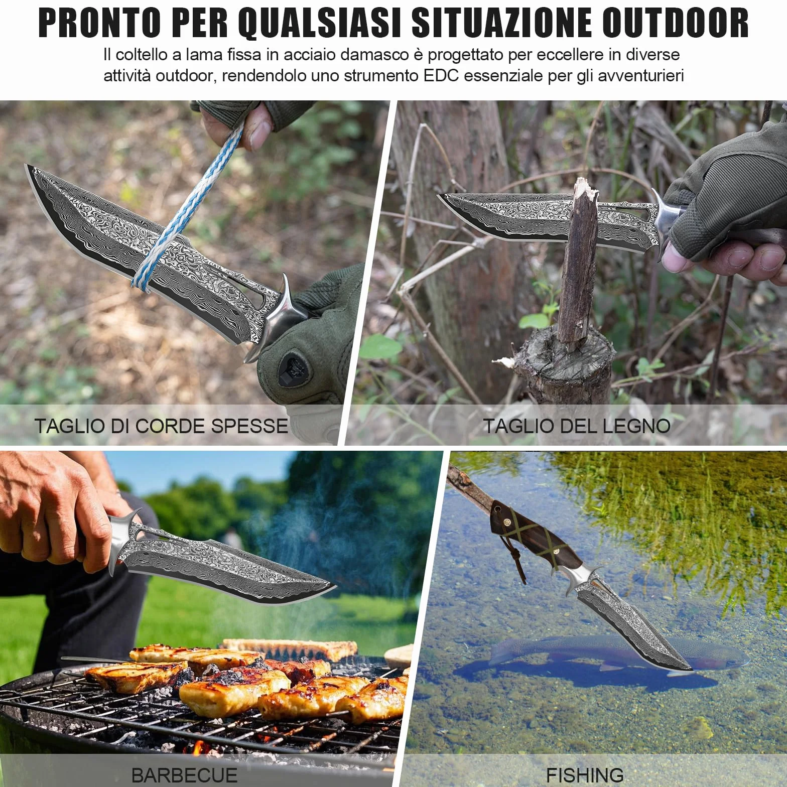 Coltello Outdoor in Acciaio Damasco 26,4 cm con Fodero, Lama Fissa Artigianale VG10, Manico in Legno, per Camping, Bushcraft e Attività all’Aperto