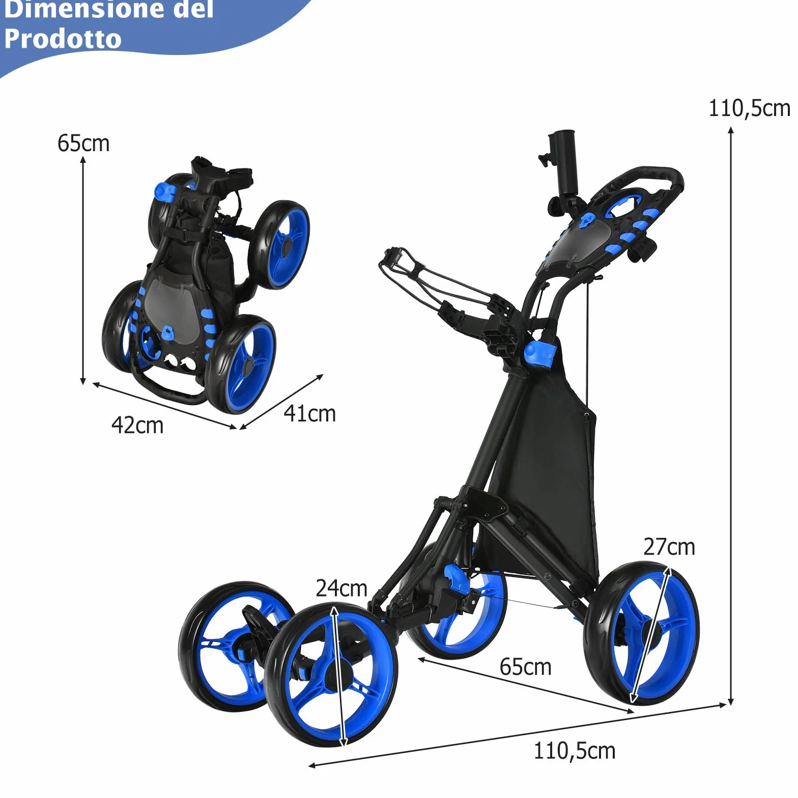 COSTWAY Carrello da Golf Pieghevole Leggero 4 Ruote con Borsa Impermeabile, Freno a Pedale, Porta Tazza e Porta Ombrello