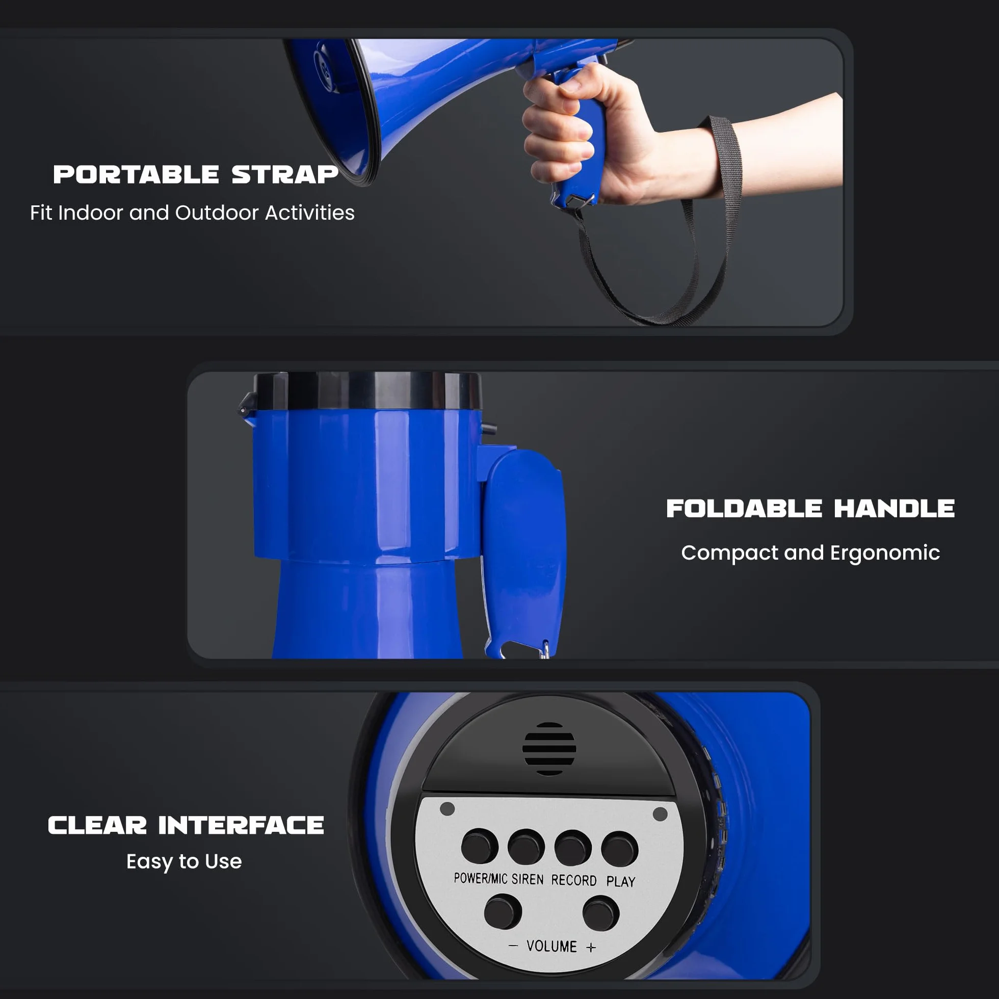 Megafono Portatile 30W con Sirena e Registrazione 240s, Copertura 700m