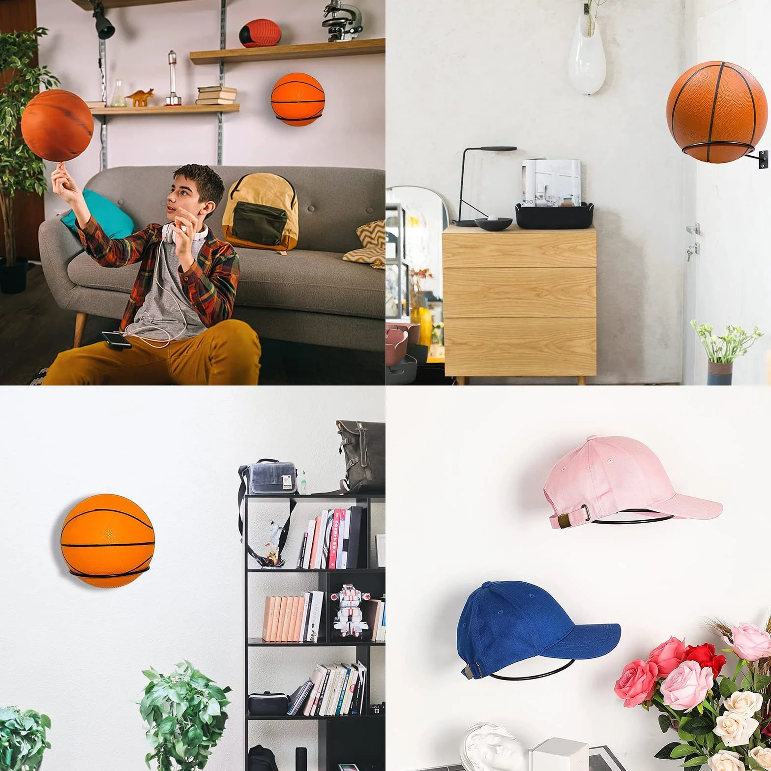 Supporti da Parete per Pallacanestro, Porta Palla da Basket Muro, 8 Pezzi, Nero