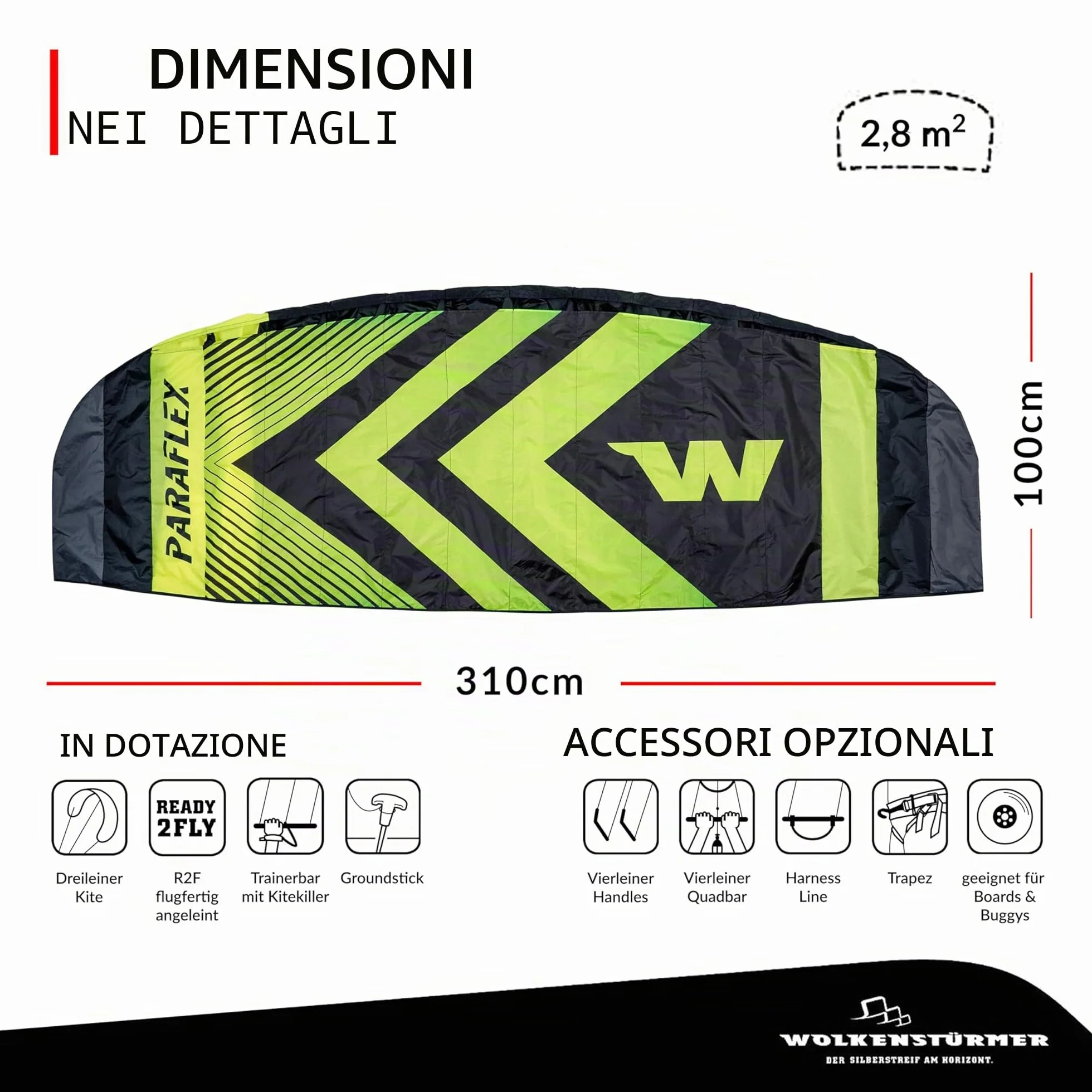Wolkenstürmer Paraflex Trainer 3.1 azione kite neon green tappetino di governo 3 linee trainer mountainboarding