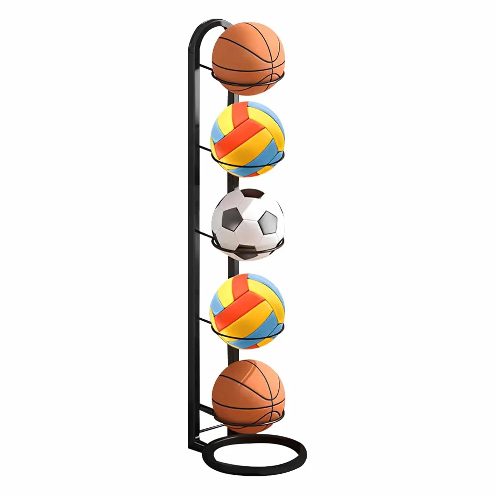 Rastrelliera Porta Palloni Verticale 5 Livelli in Metallo per Basket e Calcio, Nero