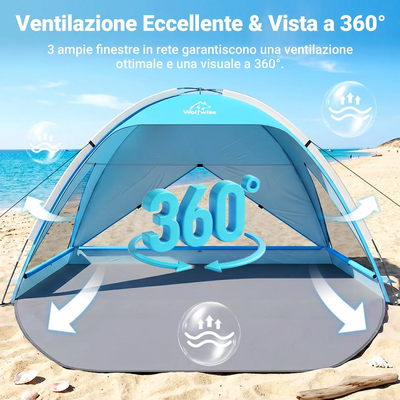 Wolfwise Tenda da Spiaggia UPF 50+ Famiglia Riparo Solare Anti-UV 3 Finestre Ventilate Pavimento Estensibile Borsa Trasporto 4 Persone Blu