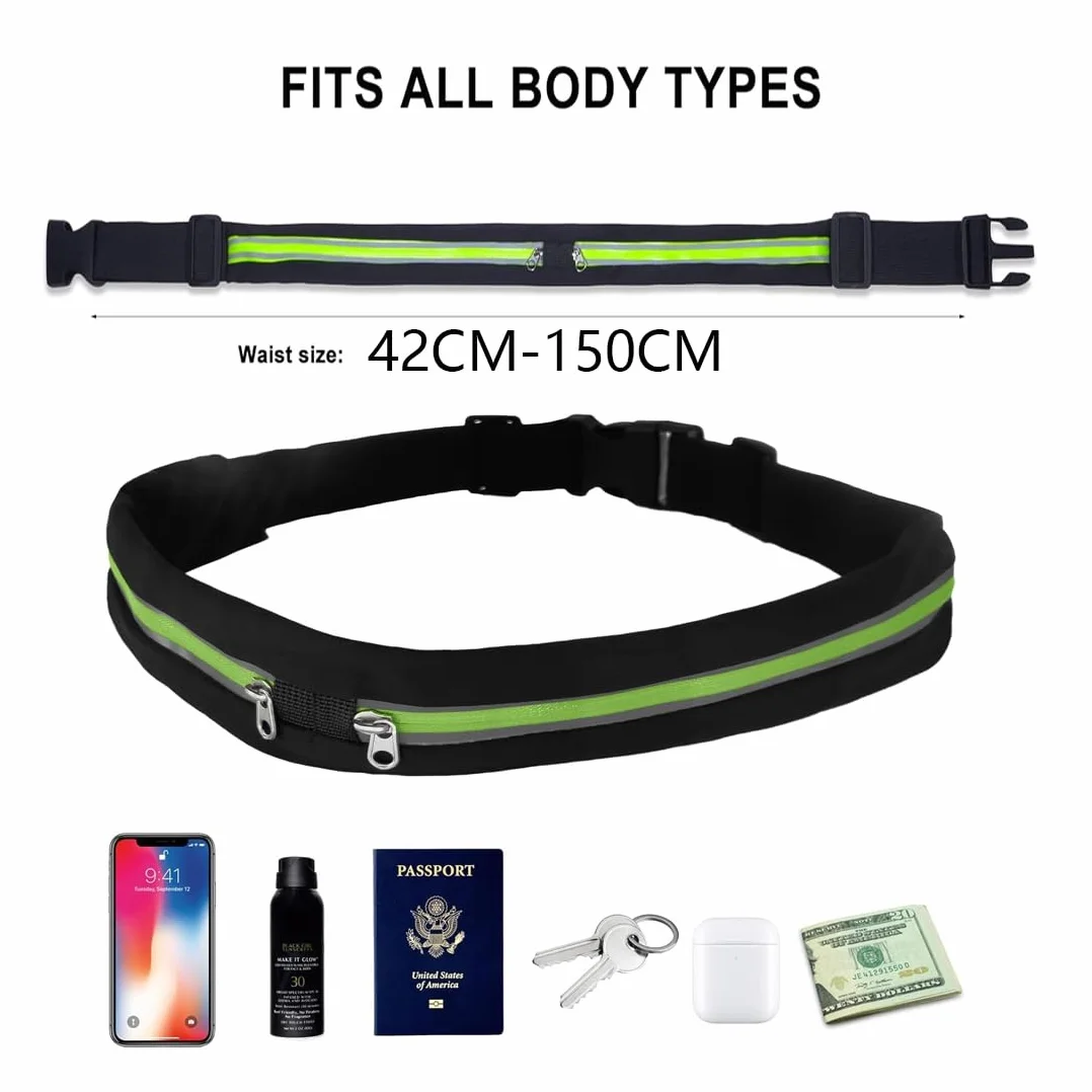 Cintura Da Corsa Porta Cellulare Running Belt 2 Due Marsupio Jogging Sport Outdoor Regolabile Resistente All'Acqua Nero E Verde