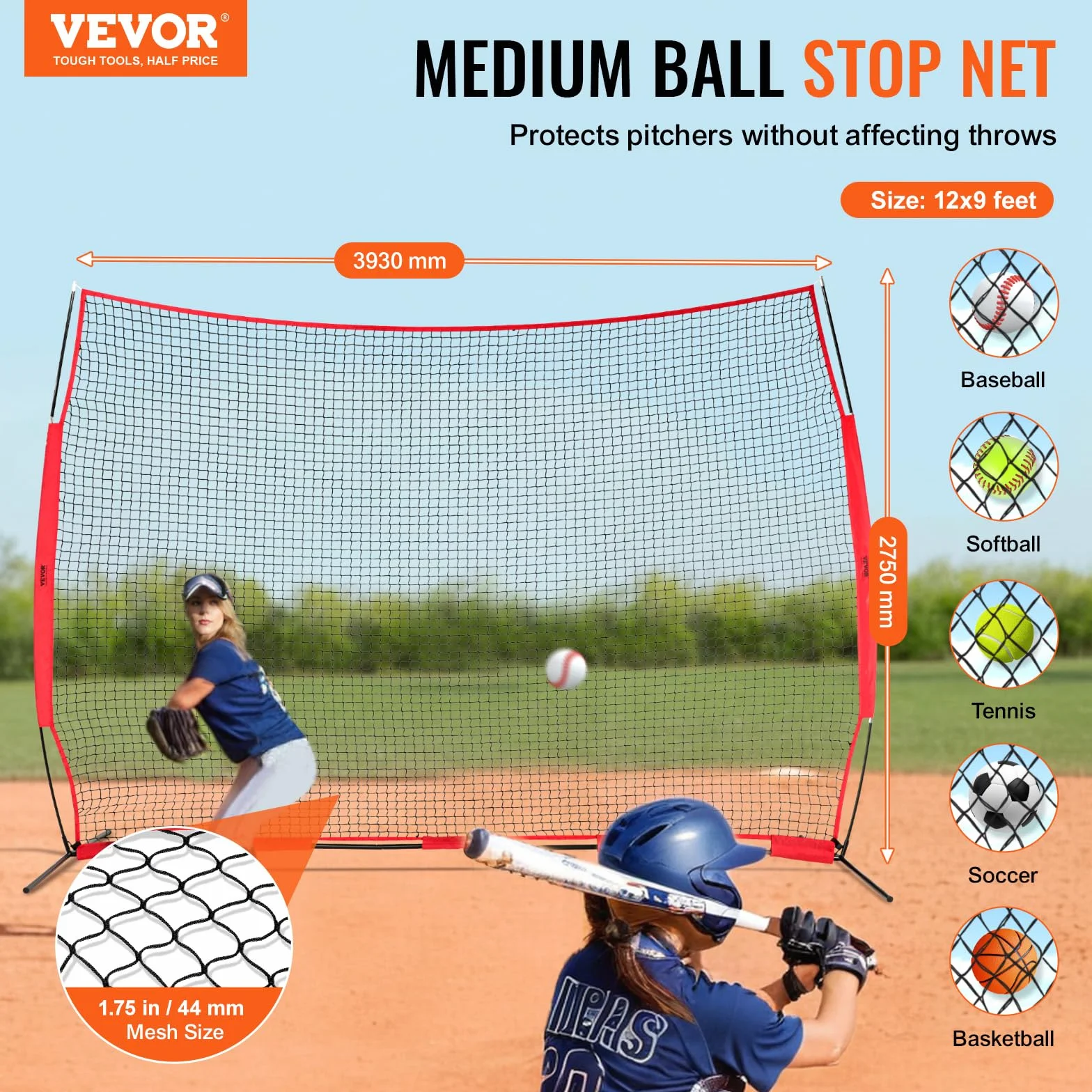 VEVOR Barricade Backstop Rete, Barriera sportiva per palloni, attrezzatura portatile per pratica con borsa per il trasporto, schermo di protezione per baseball, softball, lacrosse, calcio, hockey,