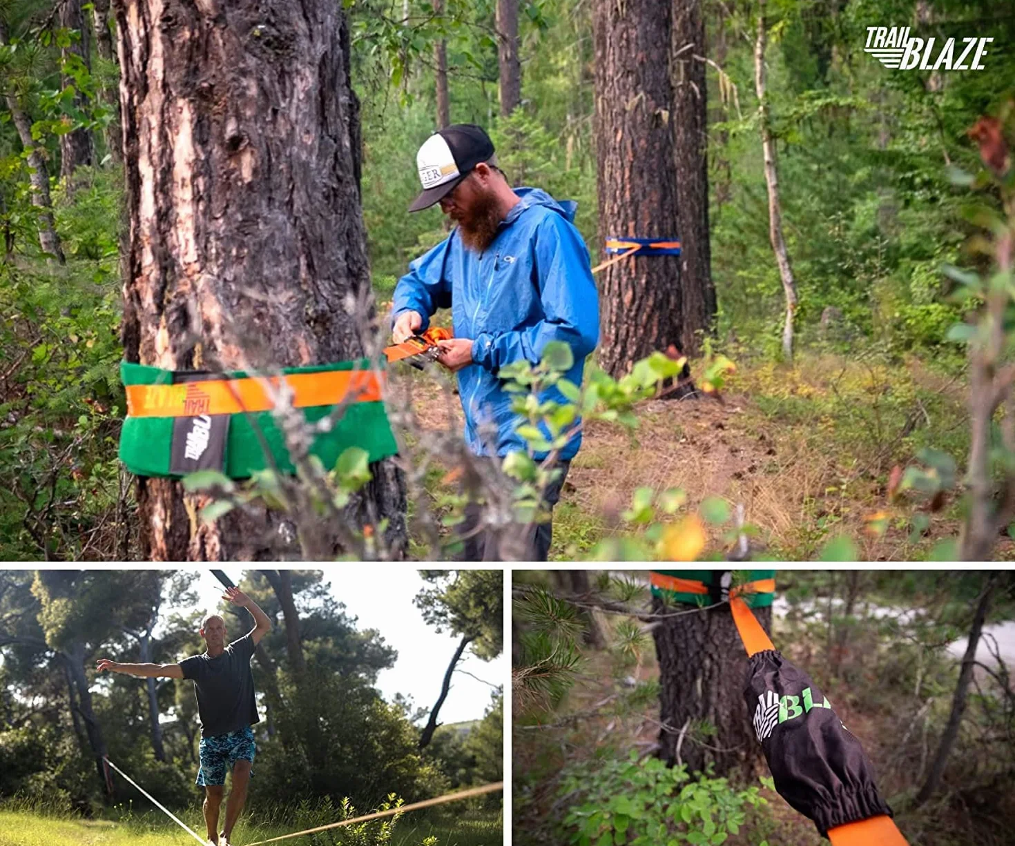 Slackline Kit completo per principianti Cinghia di apprendimento protezioni per albero borsa per il trasporto tecnologia cricchetto impugnatura ergonomica