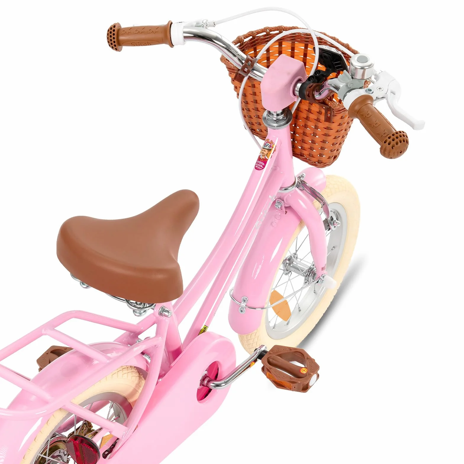 Bicicletta per bambini 12-18 pollici con cestino e ruote stabilizzatrici verde e rosa