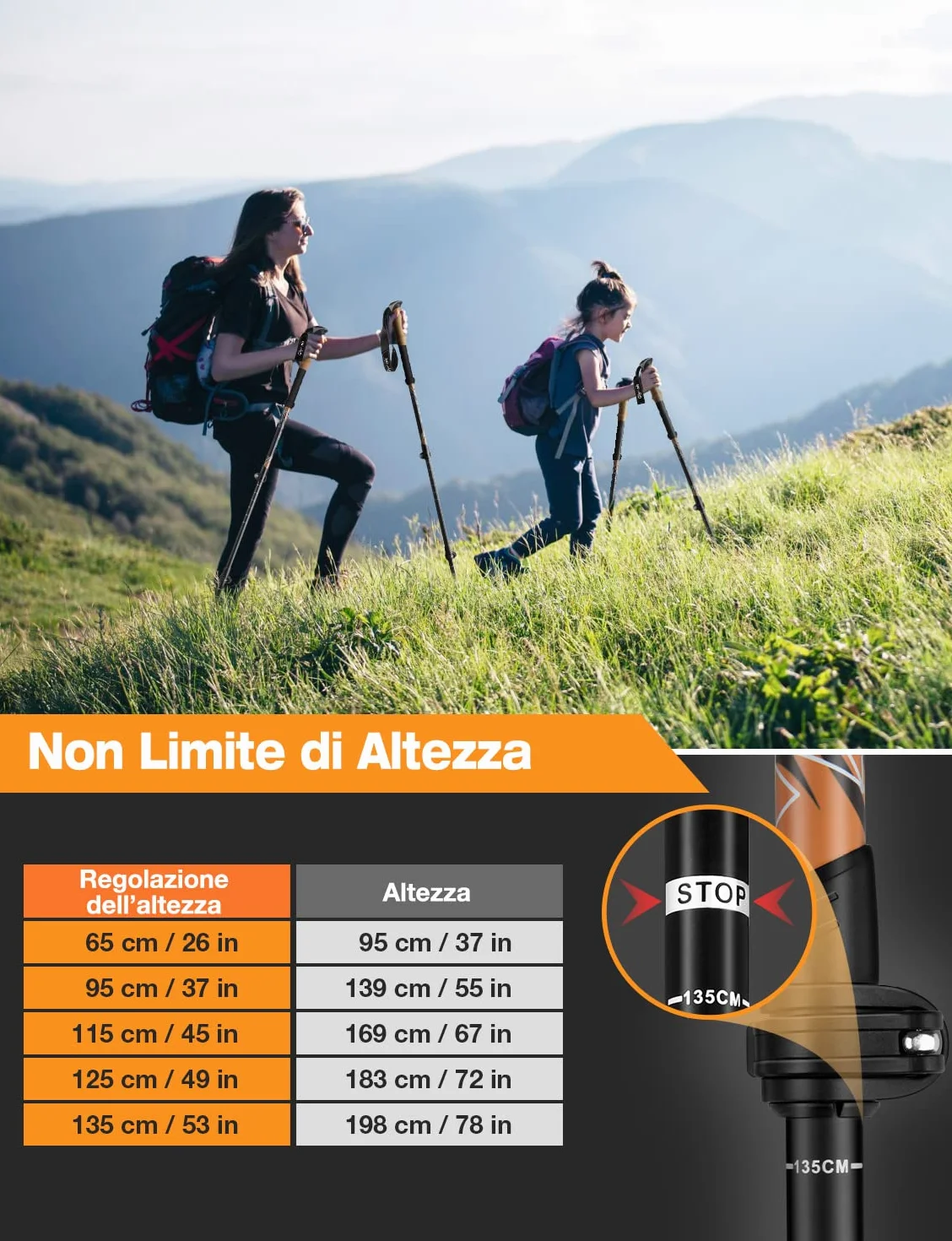 Bastoncini Da Trekking 3 Sezioni in Fibra Di Carbonio Ultraleggero Telescopico 65-135cm Con Sistema Di Blocco Rapido E Impugnatura in Sughero