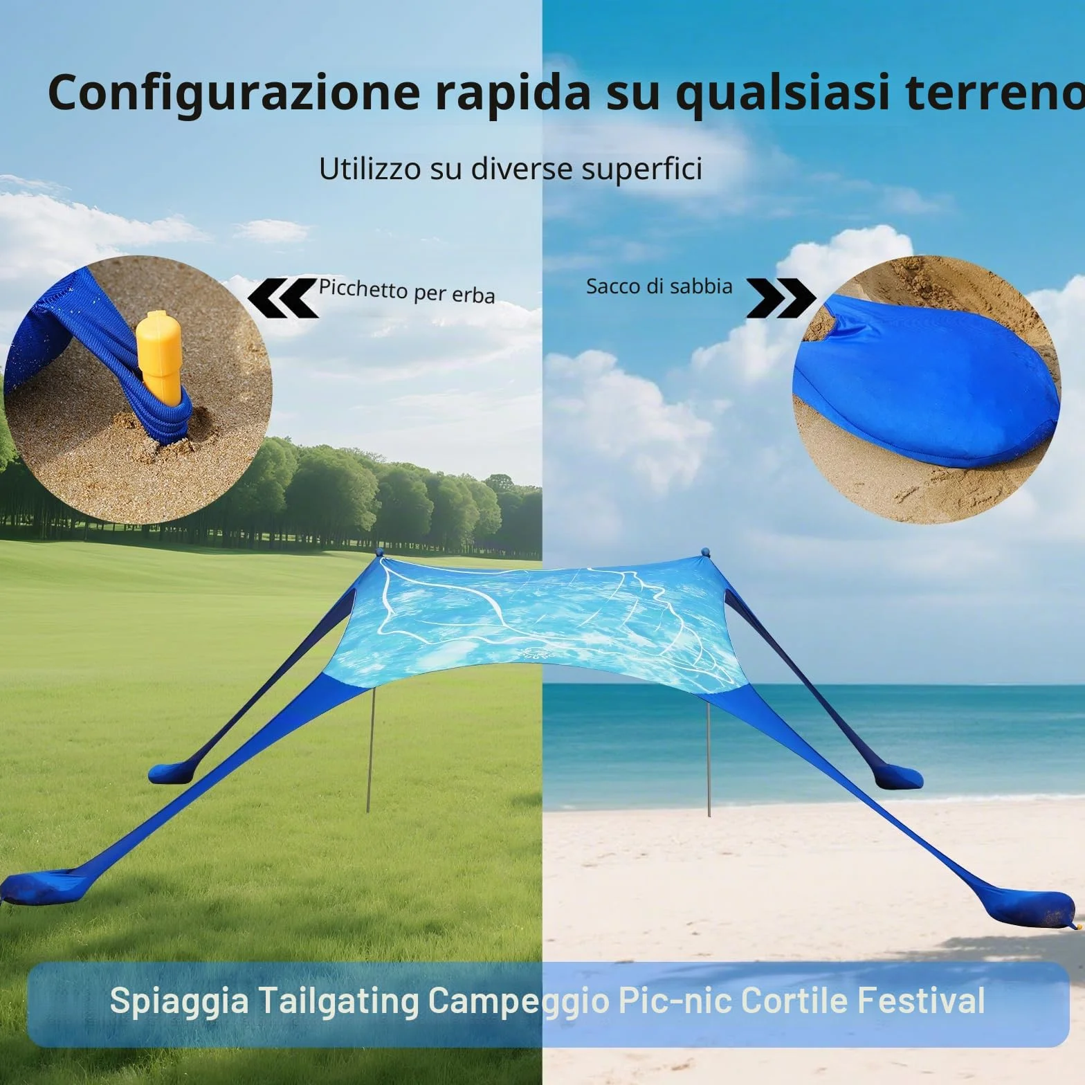 Tenda da spiaggia Pop Up 160 x 200 cm stampa 3D piccola protezione solare UPF50, per esterni, cortile, spiaggia, campeggio, con aste di stabilitàConchiglia blu