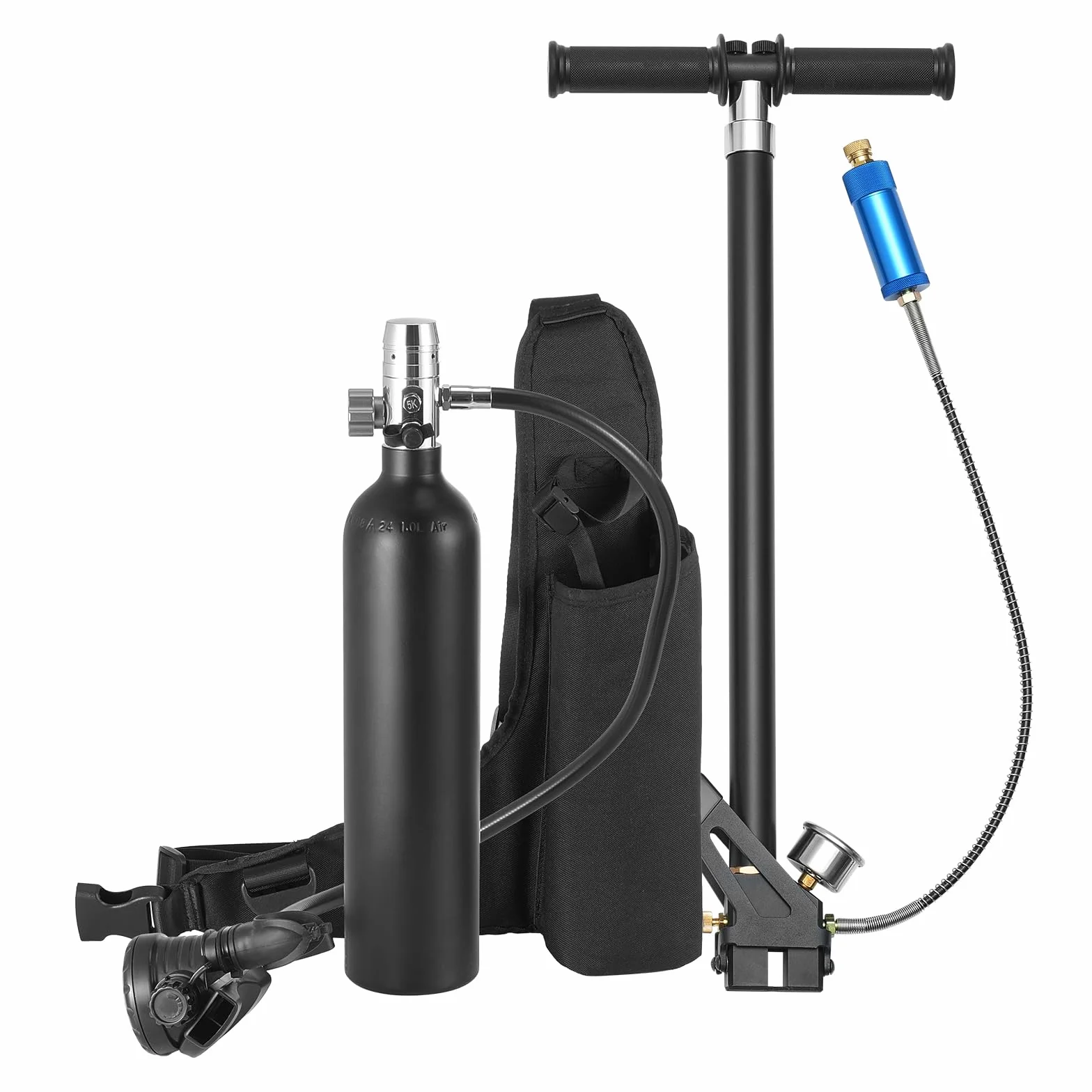 VEVOR Bombola Subacquea Portatile, capacità del Cilindro 1 L Bombola di Ossigeno per Immersioni, Supporta 15 a 20 Minuti di Respirazione Subacquea, profondità di Immersione 30 m con Pompa, Nero