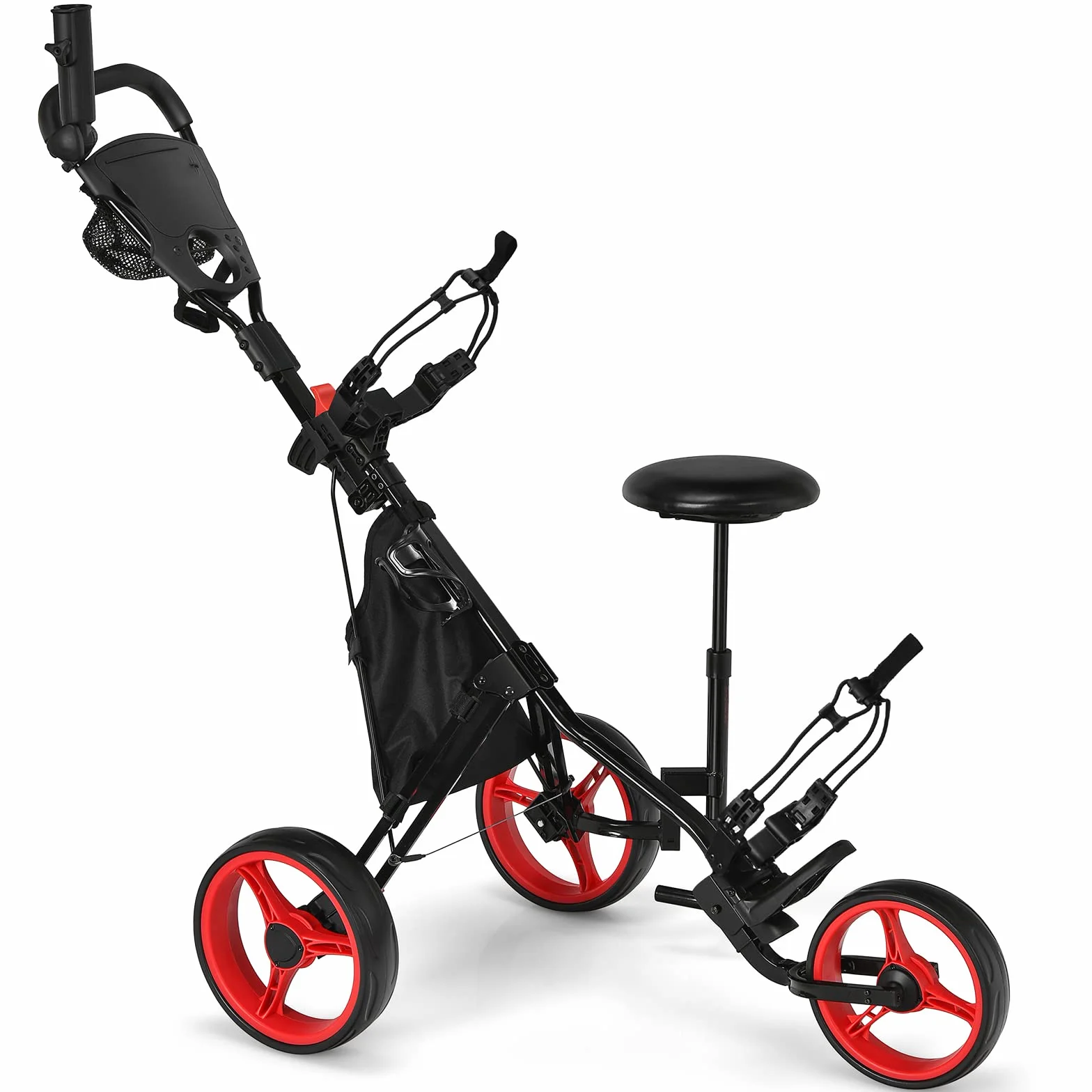 COSTWAY Carrello da Golf Pieghevole 3 Ruote, Trolley Altezza Regolabile Alluminio con Sedile, Porta Ombrello e Porta Bevande