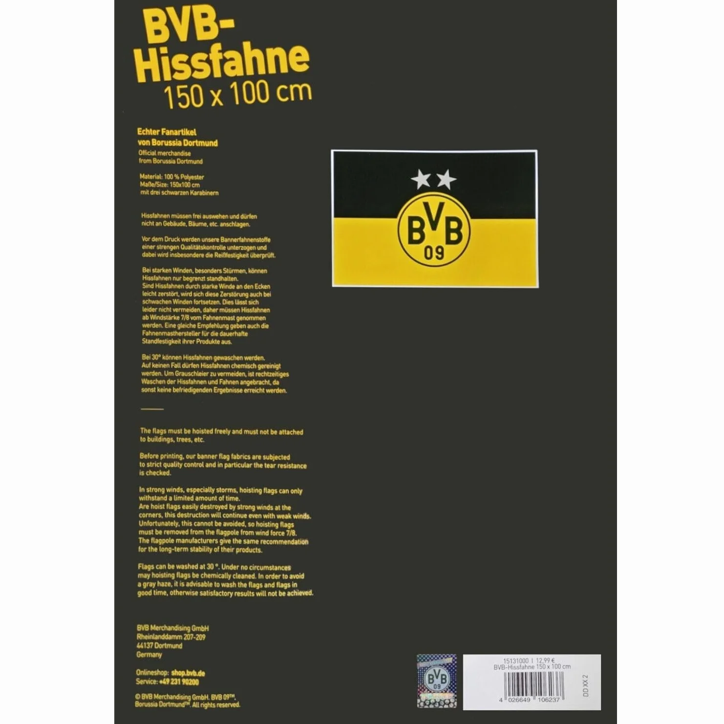 Borussia Dortmund Bandiera di sollevamento 150x100 nero-giallo
