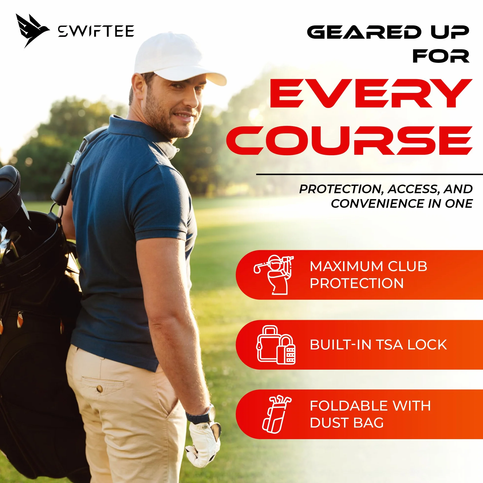 SWIFTEE Borsa da golf da viaggio di alta qualità con custodia rigida Swiftee Top & TSA Lock - Tessuto Oxford 1680D, ruote oversize, trasportino aereo leggero per la massima protezione del club