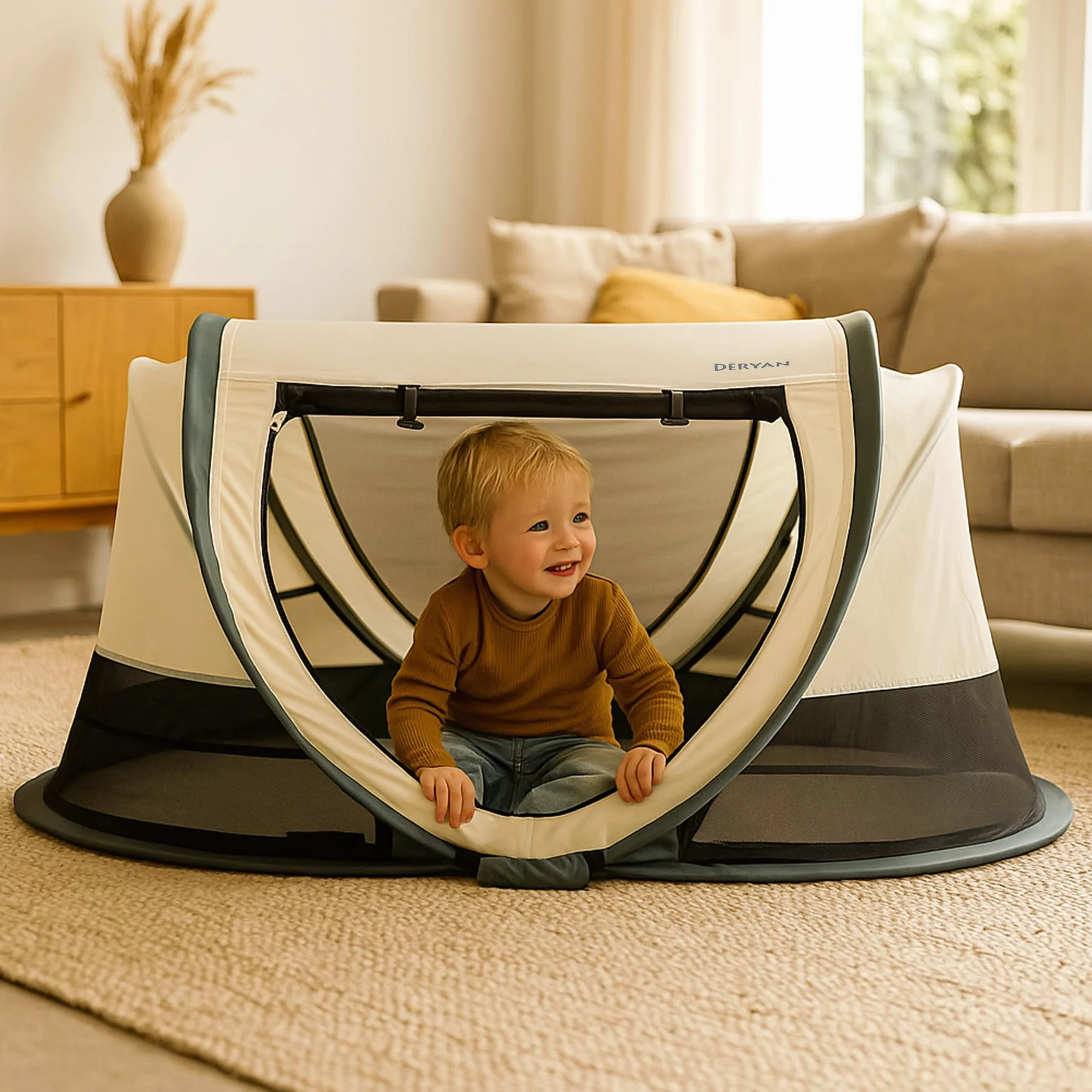 Deryan Scott Lettino Parapioggia per Bambino 120x75x50cm Tenda Pop-Up Zanzariera Borsa da Viaggio Crema