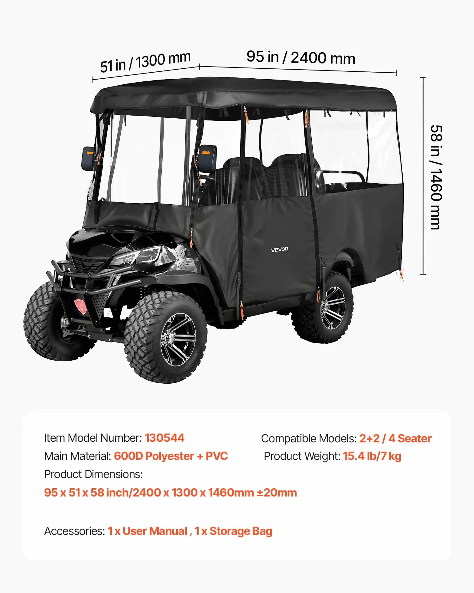 VEVOR Copertura per Carrello da Golf Visibile Antipioggia 4 Posti Tessuto Oxford 600D Impermeabile Finestre PVC Trasparente