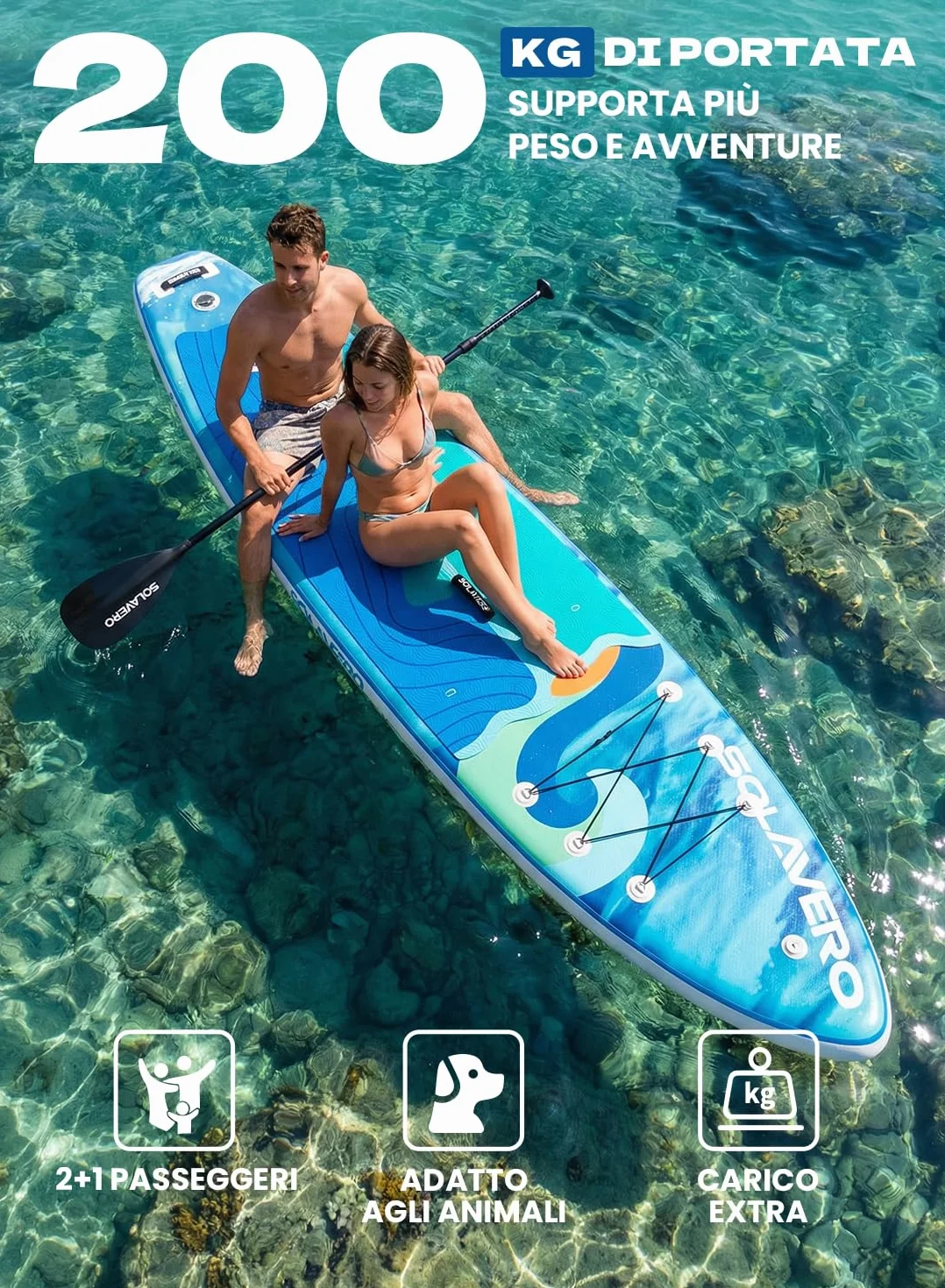 SOLAVERO Tavola da Sup Gonfiabile, 335 x 83 x 15 cm Tavola da Paddle con Antiscivolo EVA, Pagaia Regolabile, 3 Pinne, Surf Gonfiabile per Tutti i Livelli di Abilità, Fino a 200kg