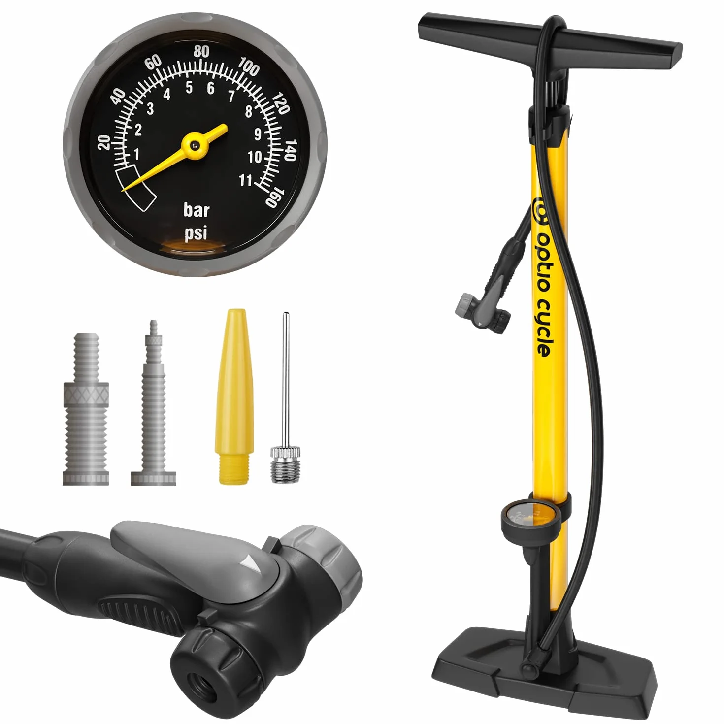 Pompa Bicicletta da Pavimento 11 Bar/160 PSI con Manometro per Valvole Presta e Schrader per Bici da Corsa, MTB, E-Bike