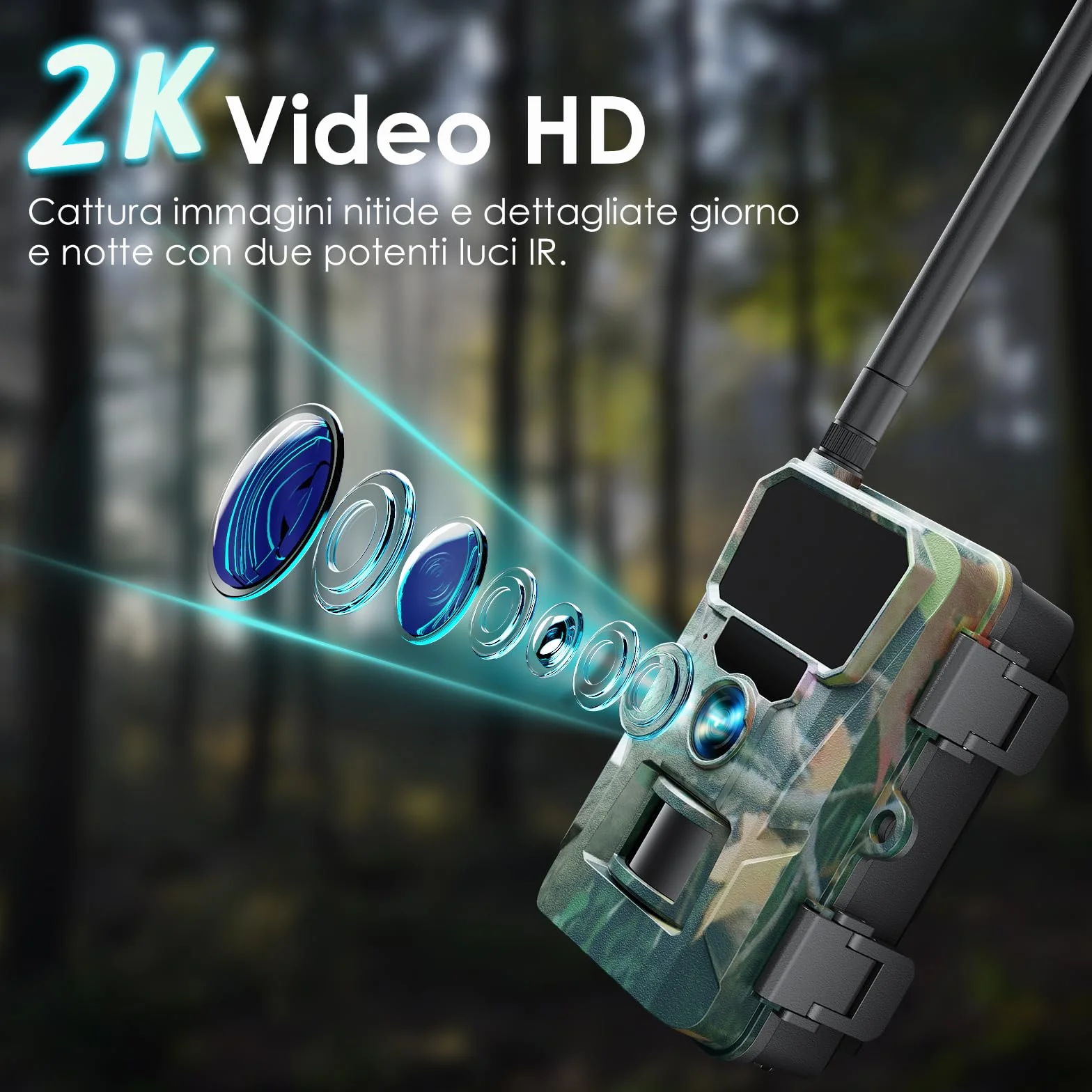 WOLFANG Fototrappola 4G con SIM 2K 48MP HD Fotocamera Caccia Infrarossi Rilevatore Movimento Visione Notturna IP66 Impermeabile