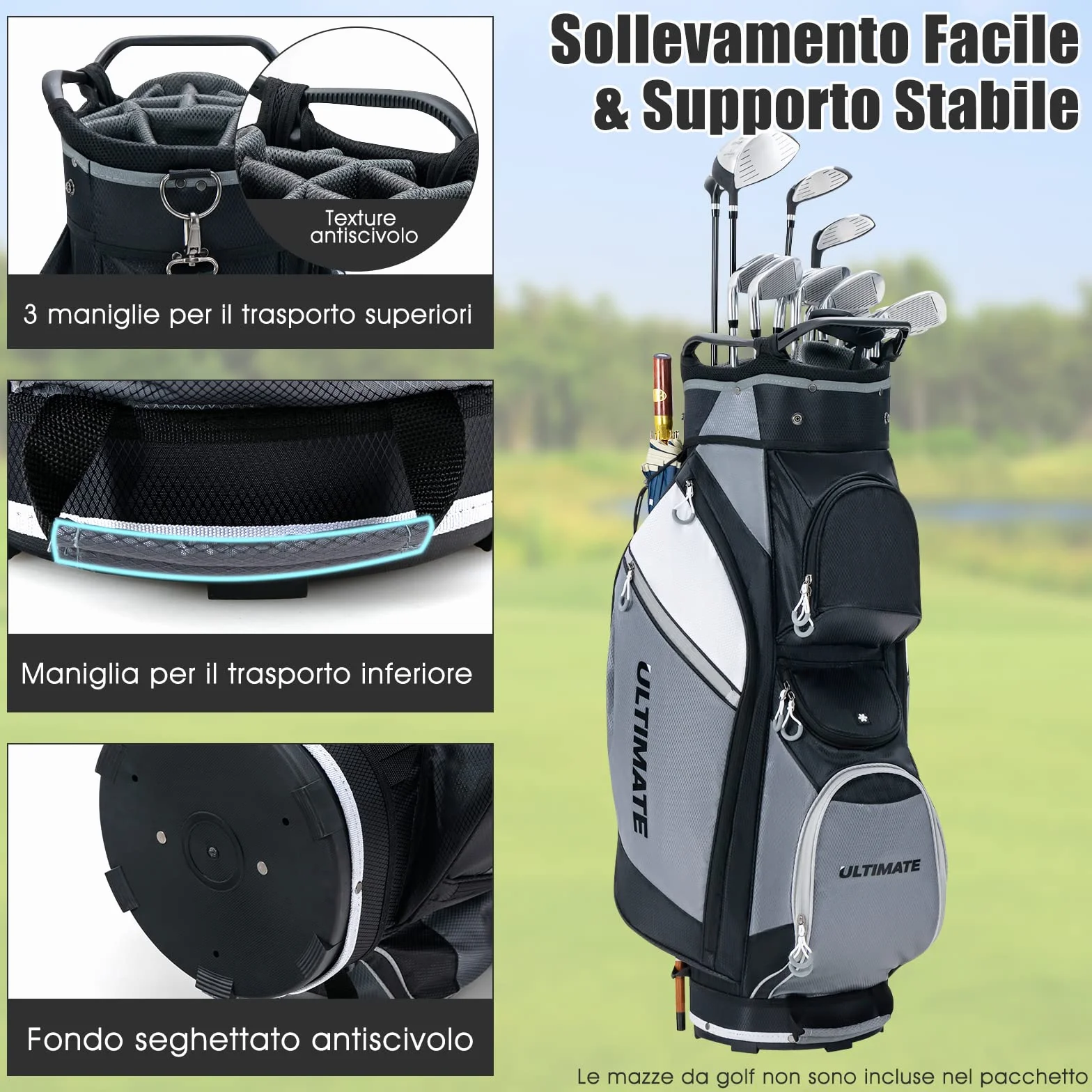 COSTWAY Borsa da Golf 14 Divisori Sacca Mazze Borsa Termica Cappuccio Impermeabile Maniglie Tracolla Nero Grigio