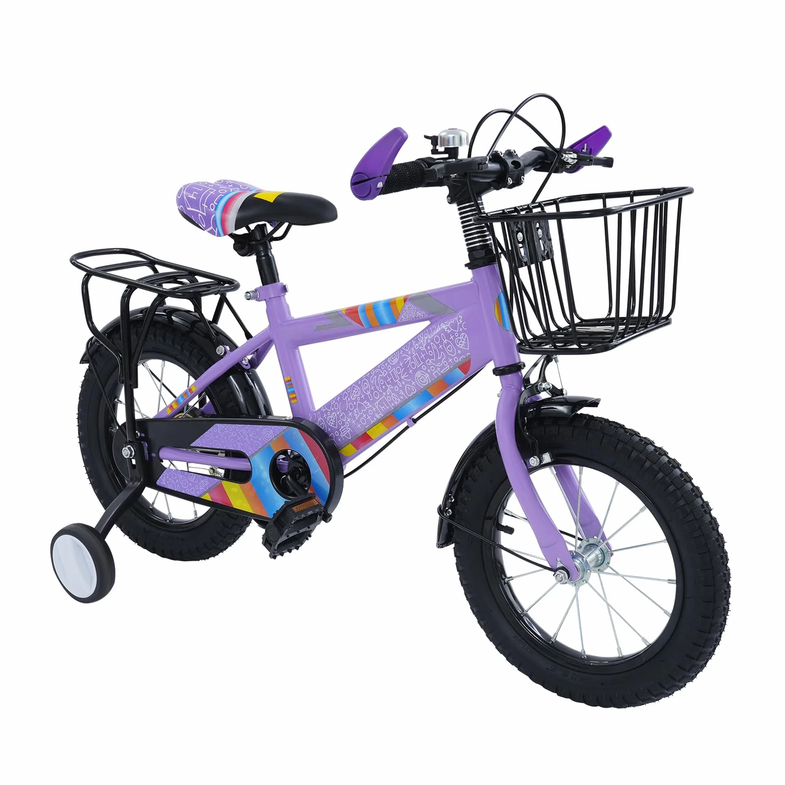 Bicicletta per bambini 14 pollici con stabilizzatore e cestello viola fino a 50 kg 3-6 anni