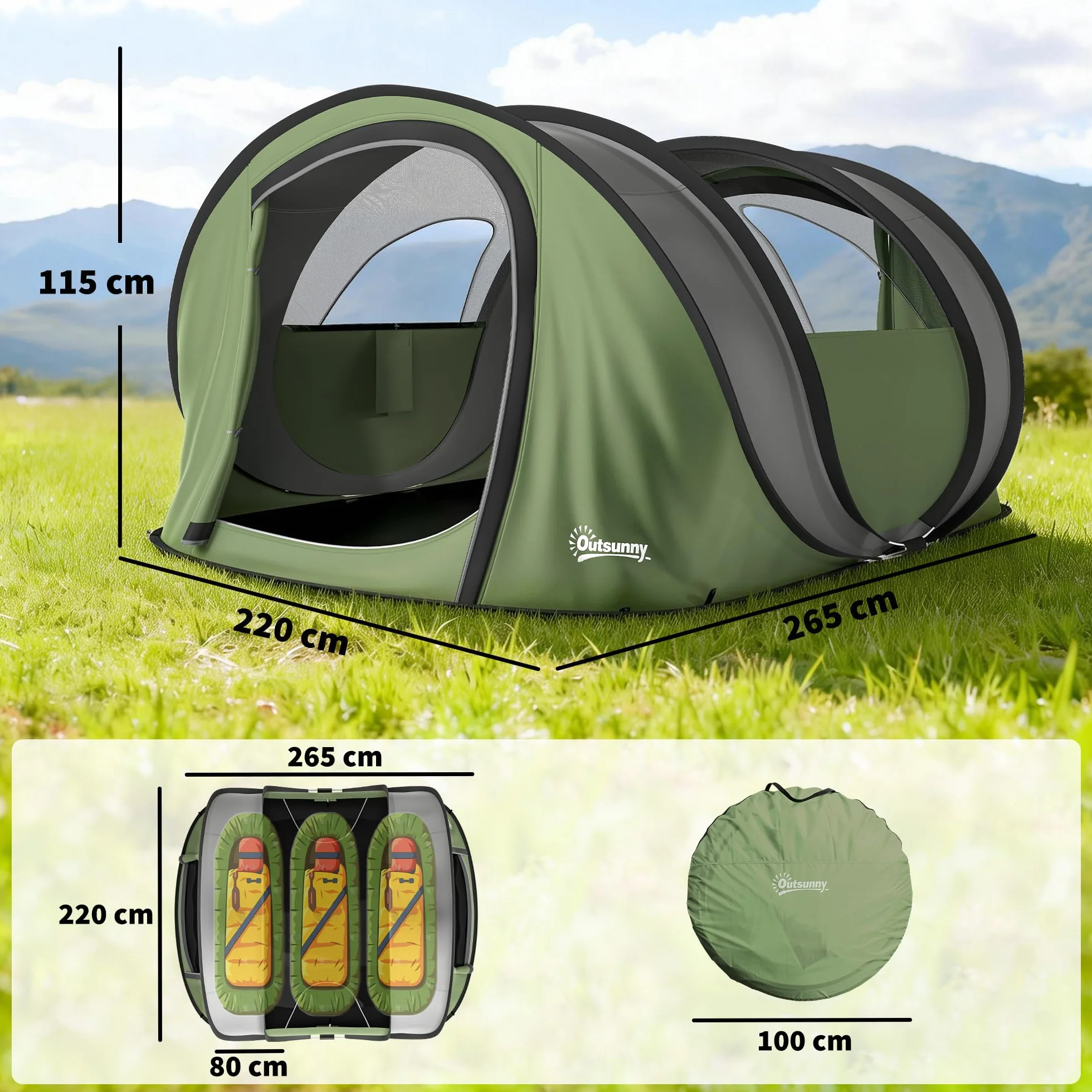 Outsunny Tenda da Campeggio Pop Up 4 Persone, Impermeabile 3000mm, con Borsa, Verde